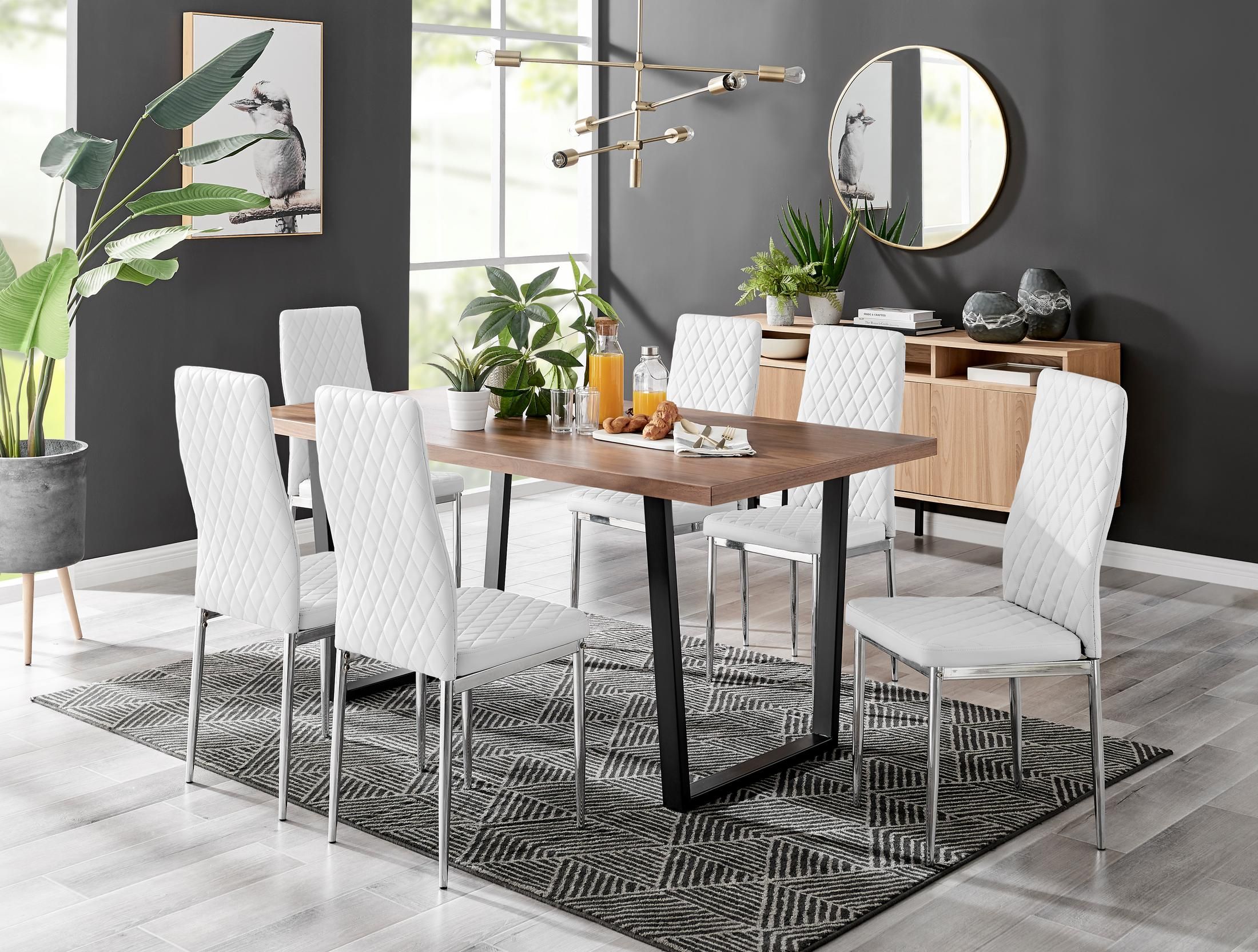 FurnitureboxUK Kylo Large Brown Wood Effect Dining Table & 6 Milan Chrome Leg Faux LeatherChairs in White