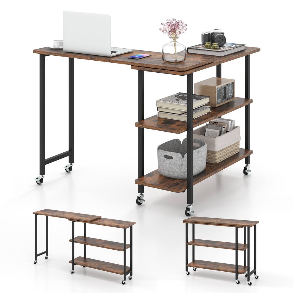 Costway L shaped Mobile 360 Rotating Corner Computer Desk Laptop Computer PC Desk Home Office in Brown