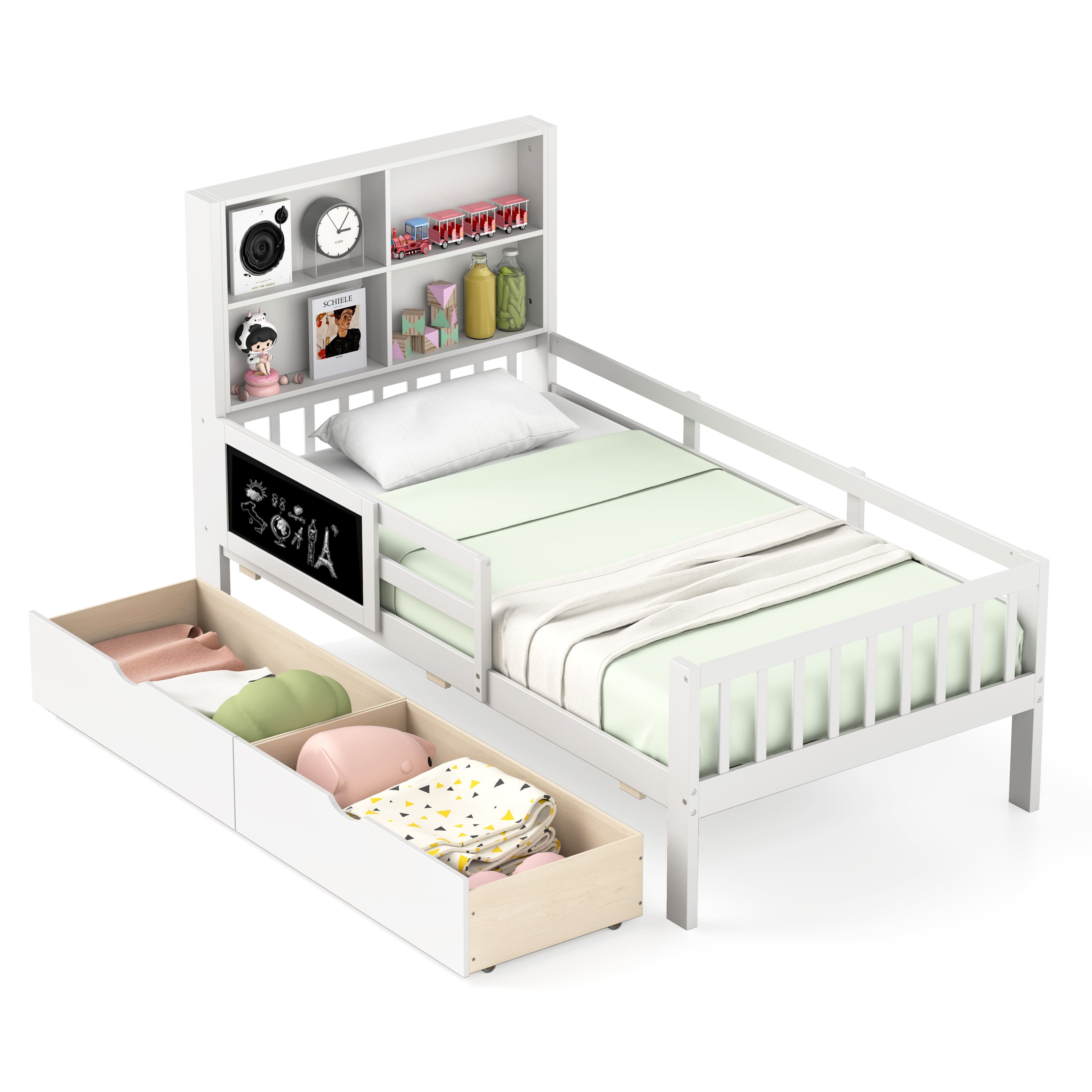 Costway Single Size Bed Frame Solid Wood Platform Bed w/2 Storage Drawers in White