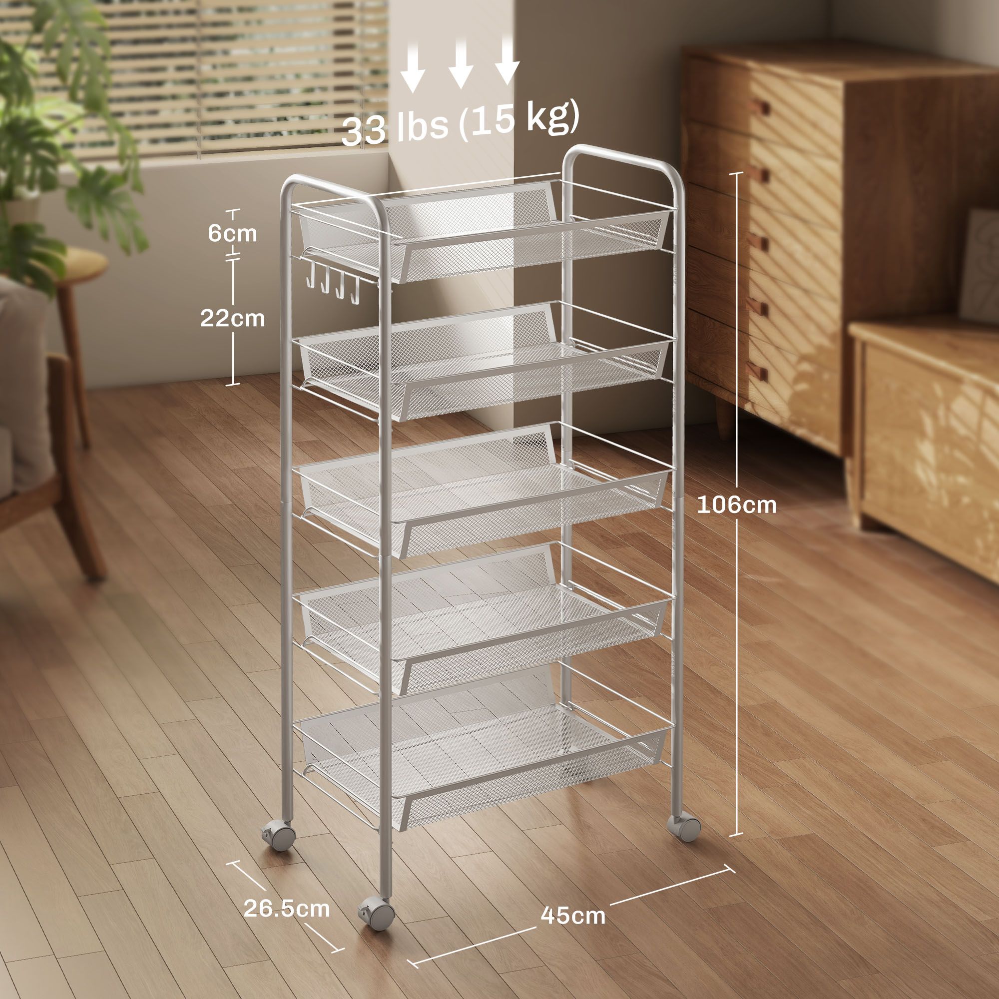 HOMCOM 5 Tier Utility Rolling Cart with Removable Mesh Baskets, White 3