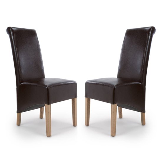 Krista Roll Back Bonded Leather Brown Dining Chairs In Pair