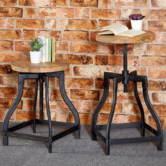 Clio Wooden Stool Round In Reclaimed Wood And Metal