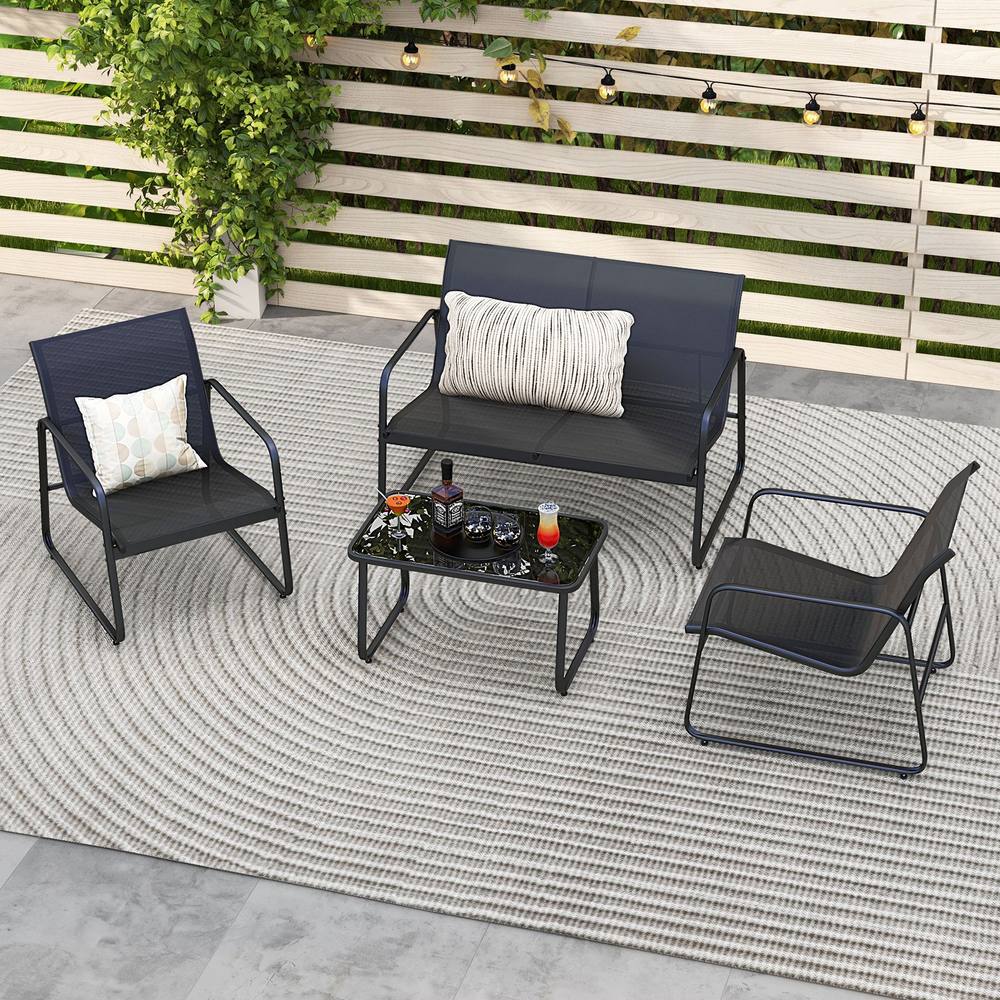 Costway 4PCS Garden Furniture Set Patio Conversation Set w/Loveseat & 2 Chairs in Black