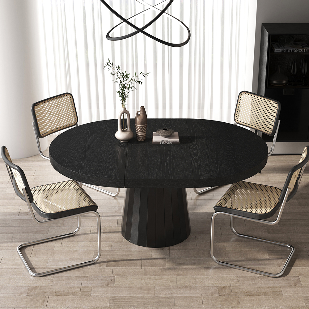 Japandi 100 – 140 cm  Extendable Dining Table for 6 Person Black Oval & Round Wood Table Pedestal