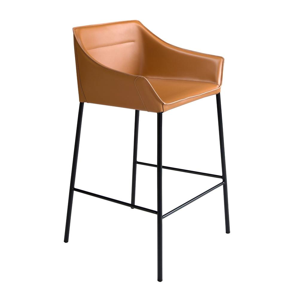 Angel Cerda Kitchen Stool, Brown Leatherette, Matte Black Legs in Tan