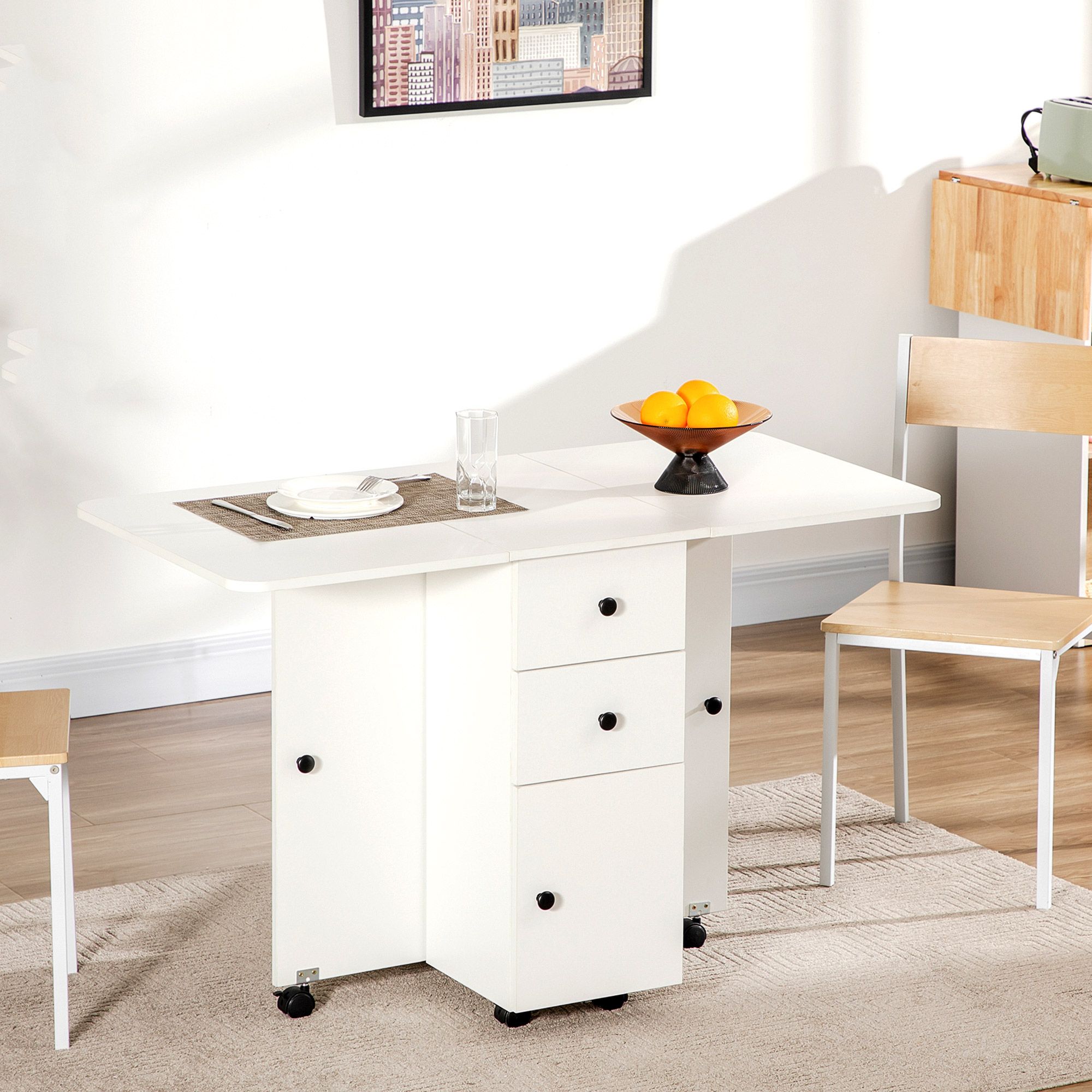 HOMCOM Folding Dining Table, Drop Leaf Table With Storage Drawers in Brown