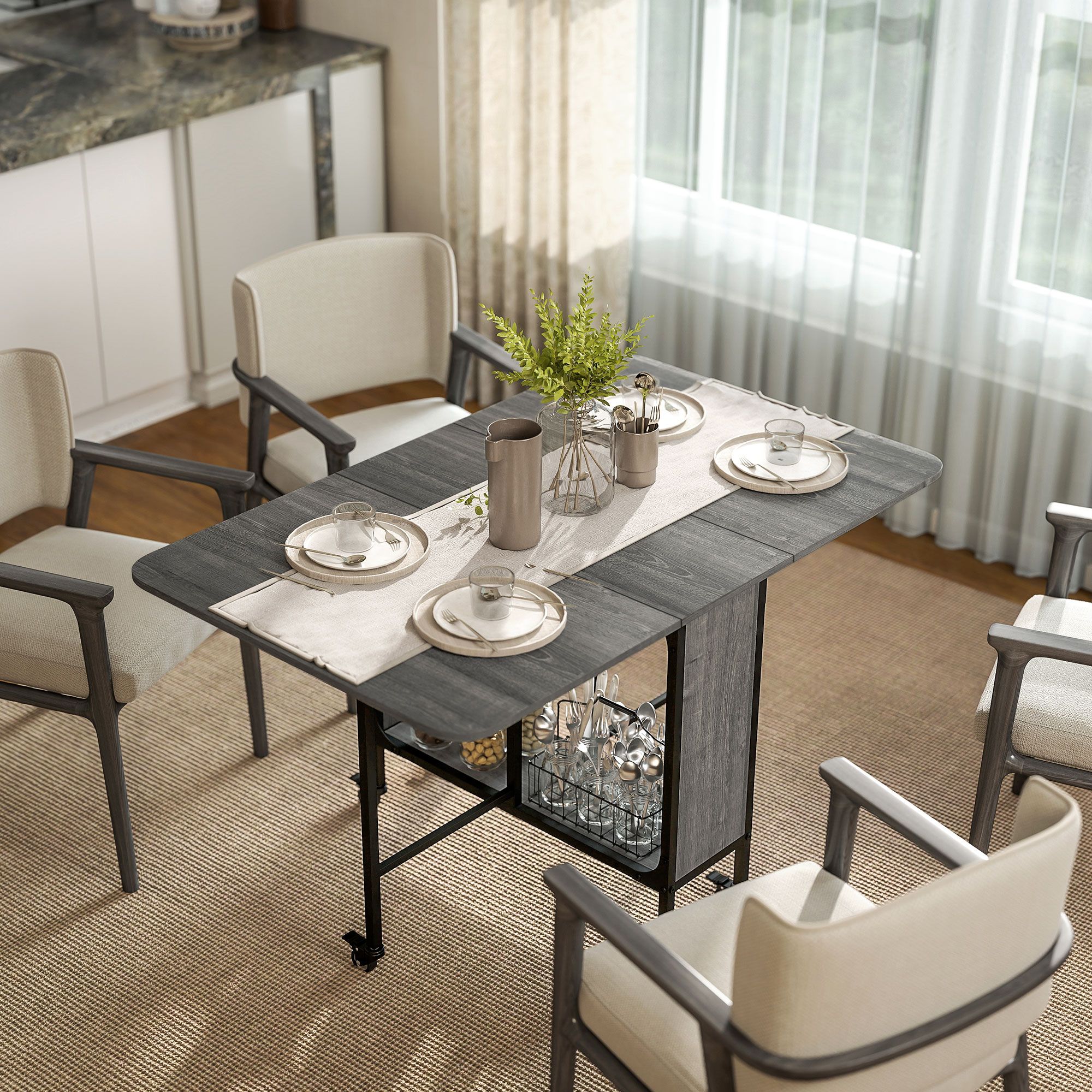 HOMCOM Mobile Drop Leaf Dining Table on Wheels with Storage Shelf in Grey