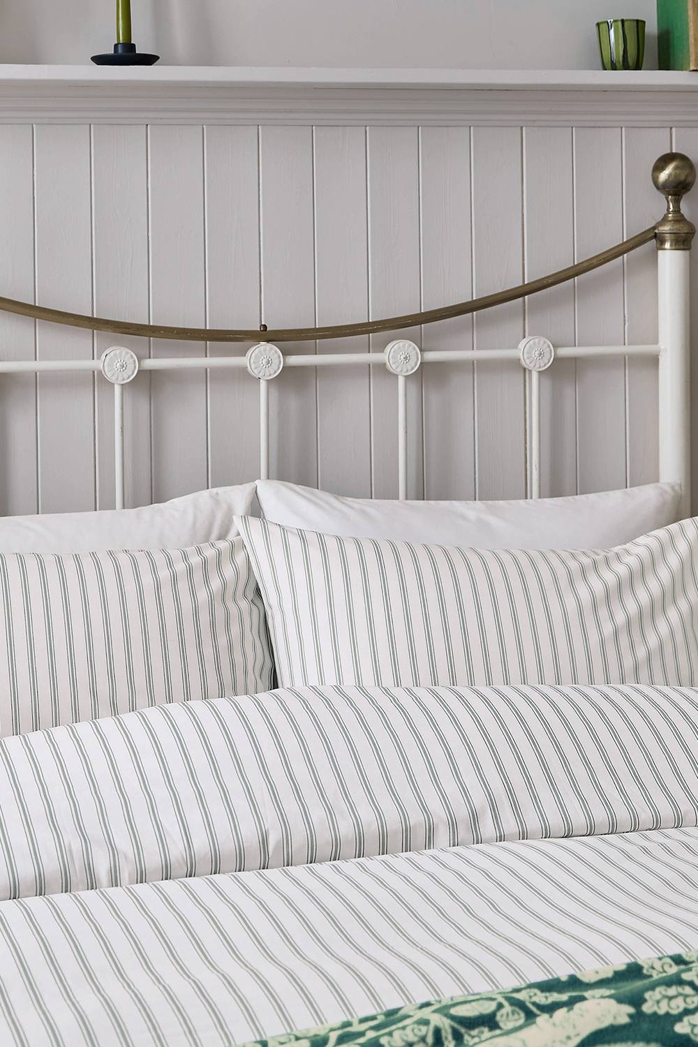 Helena Springfield 'Ticking Stripe' Cotton Duvet Cover Set in Light Green 2