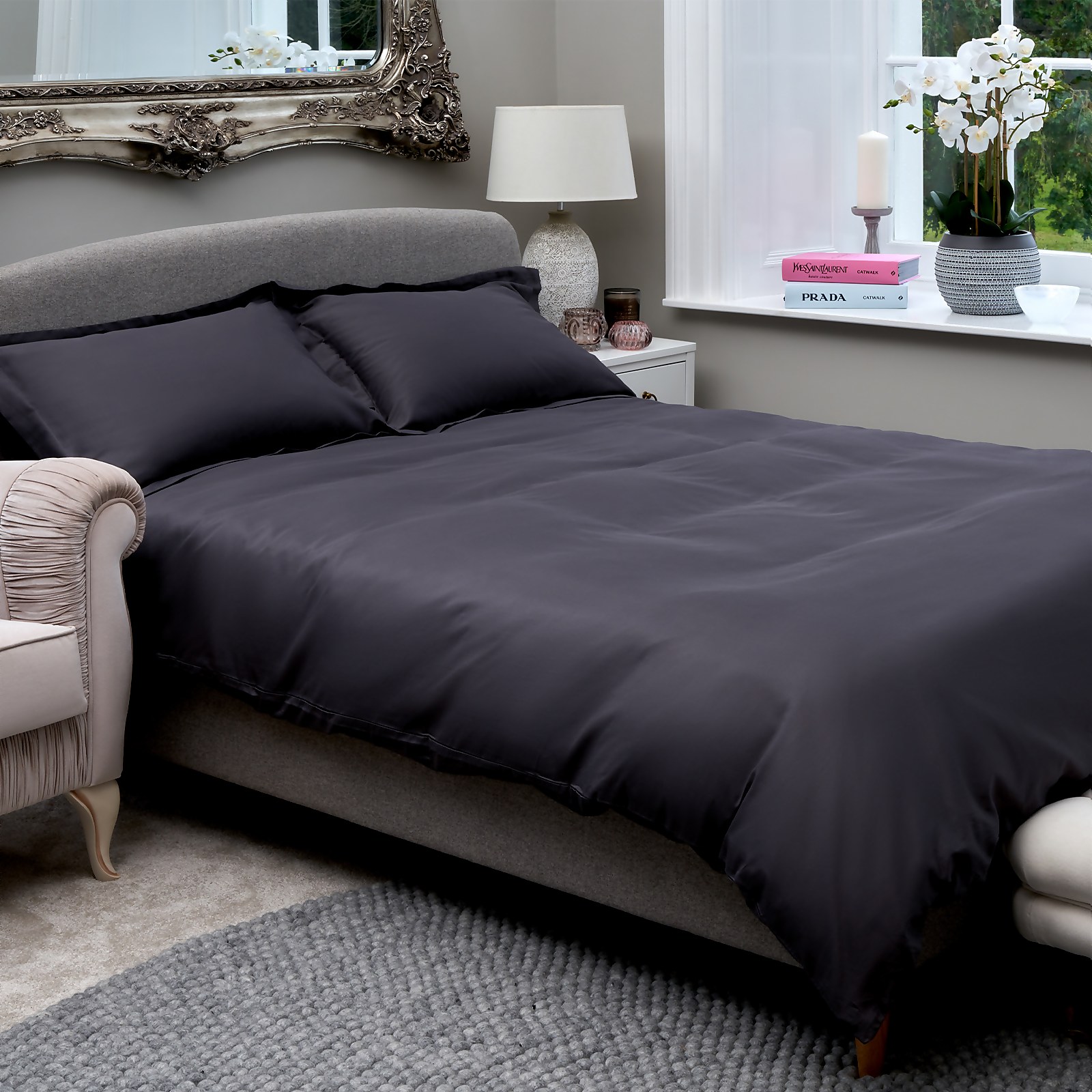The Willow Manor Egyptian Cotton Sateen 300 Thread Count Single Duvet Set - Steel