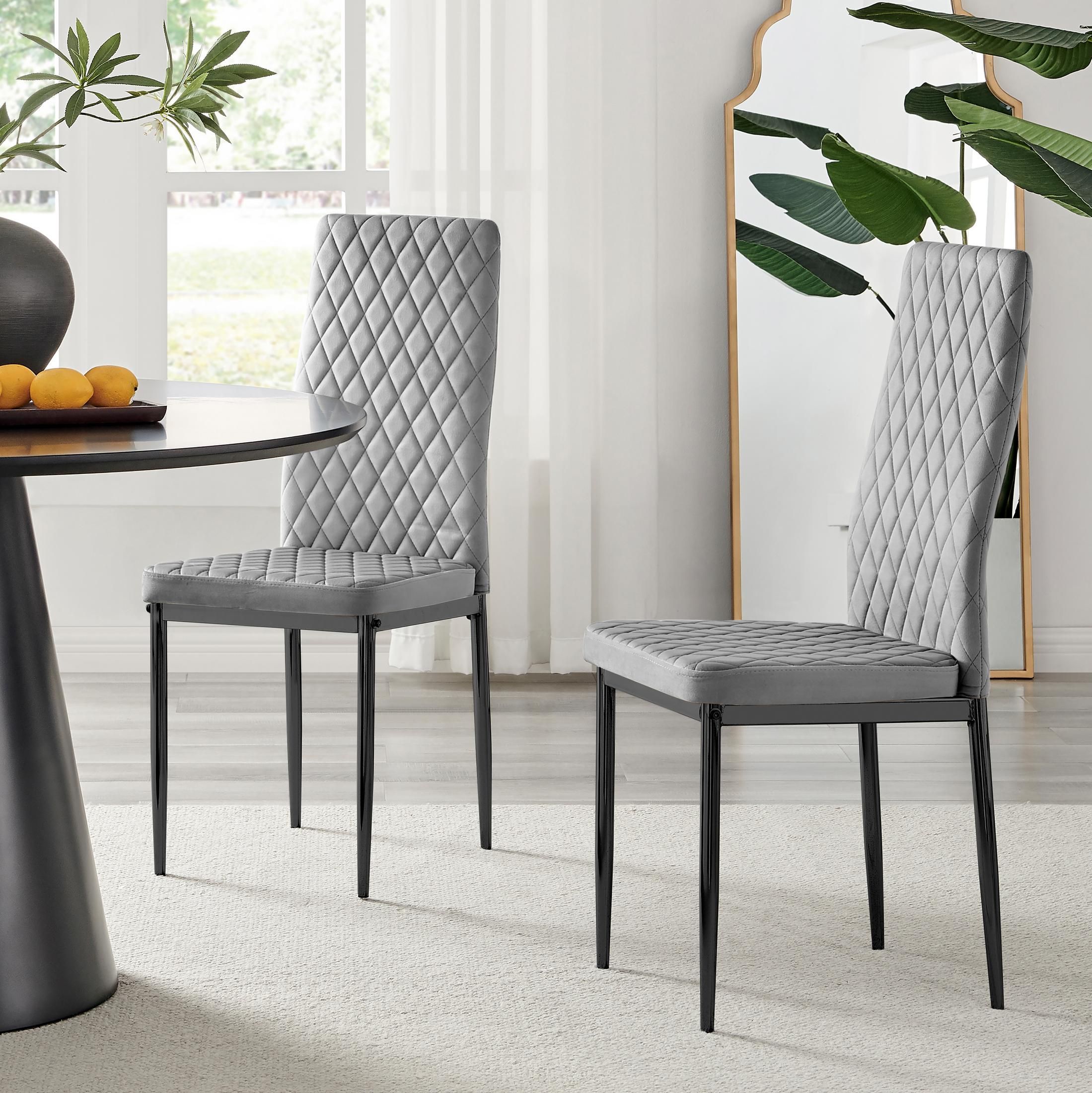 FurnitureboxUK Set of 4 Milan High Back Soft Touch Diamond Pattern Velvet Dining Chairs With Black Powder Coated Metal Legs in Grey