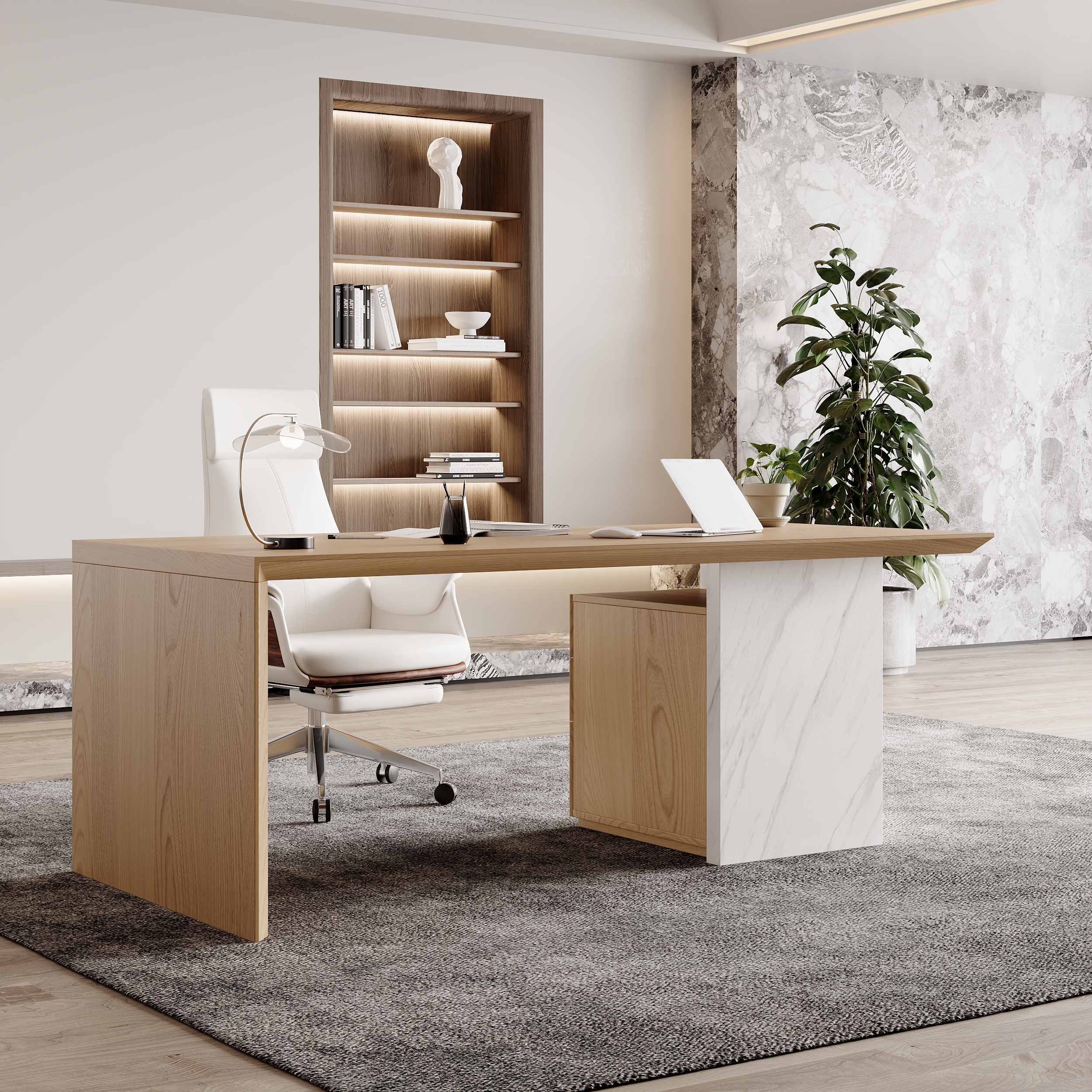 Modern White & Natural Wooden Home Office Desk with Movable File Cabinet Office Furniture (150 cm)
