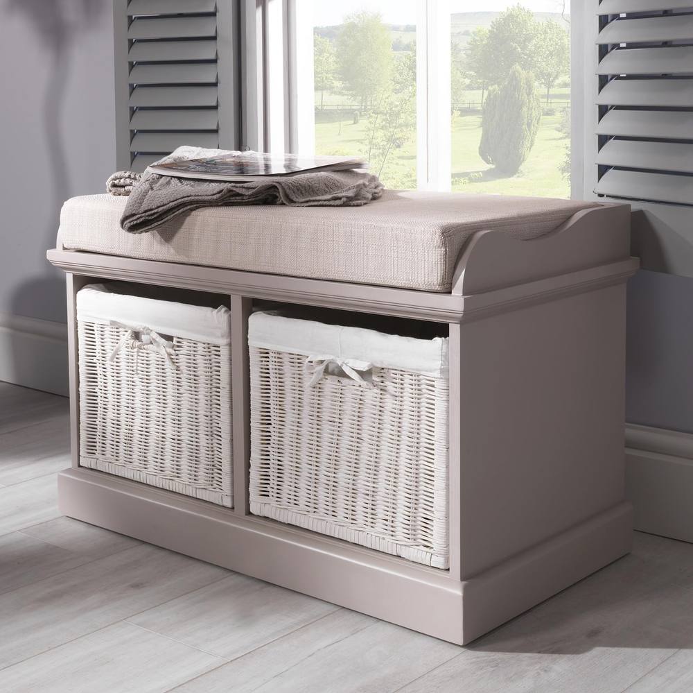 Statement Furniture Tetbury Bench with 2 White Wicker Baskets & Cream Cushion in Taupe