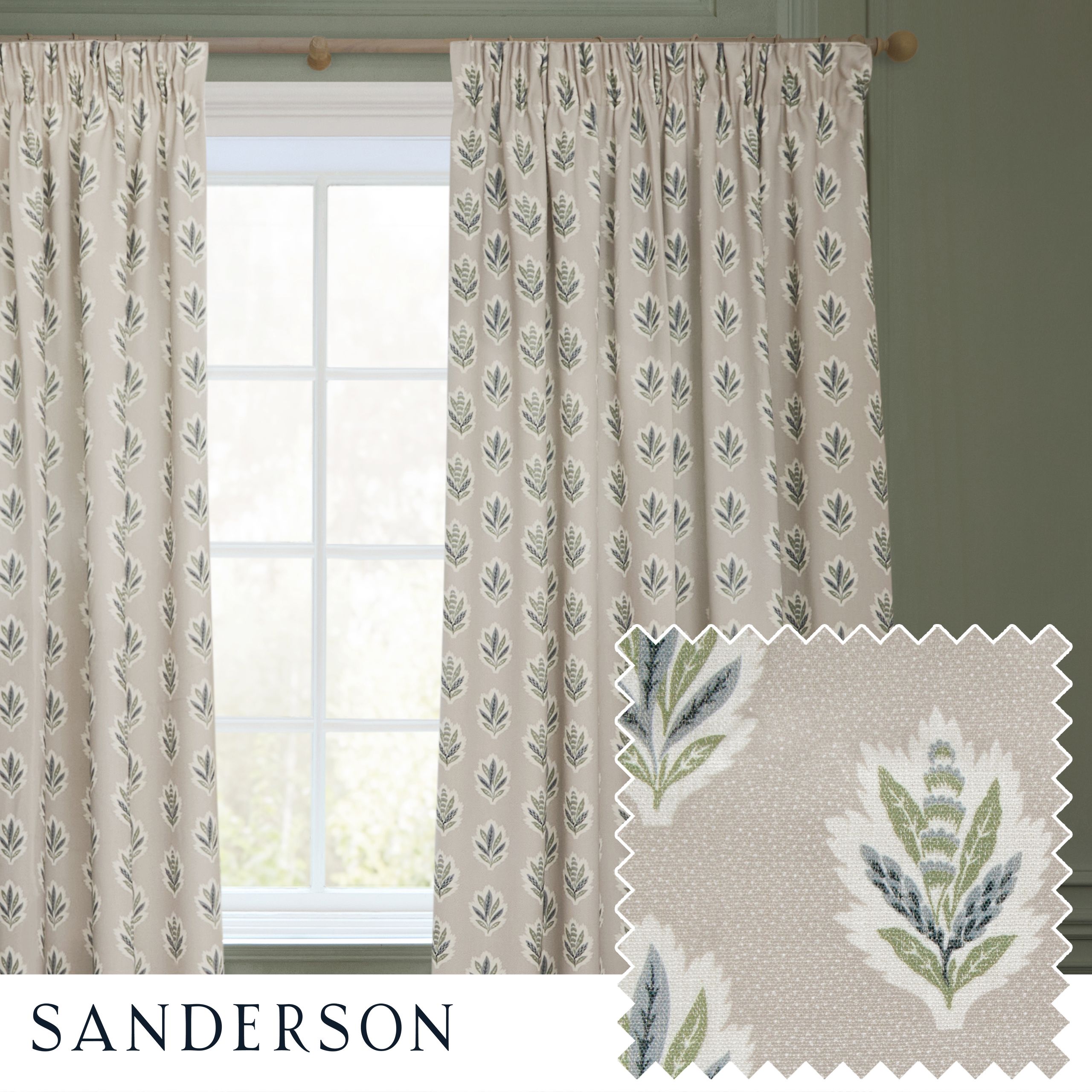 Sanderson Sessile Leaf Printed Room Darkening Pencil Pleat Curtains in Light Blue