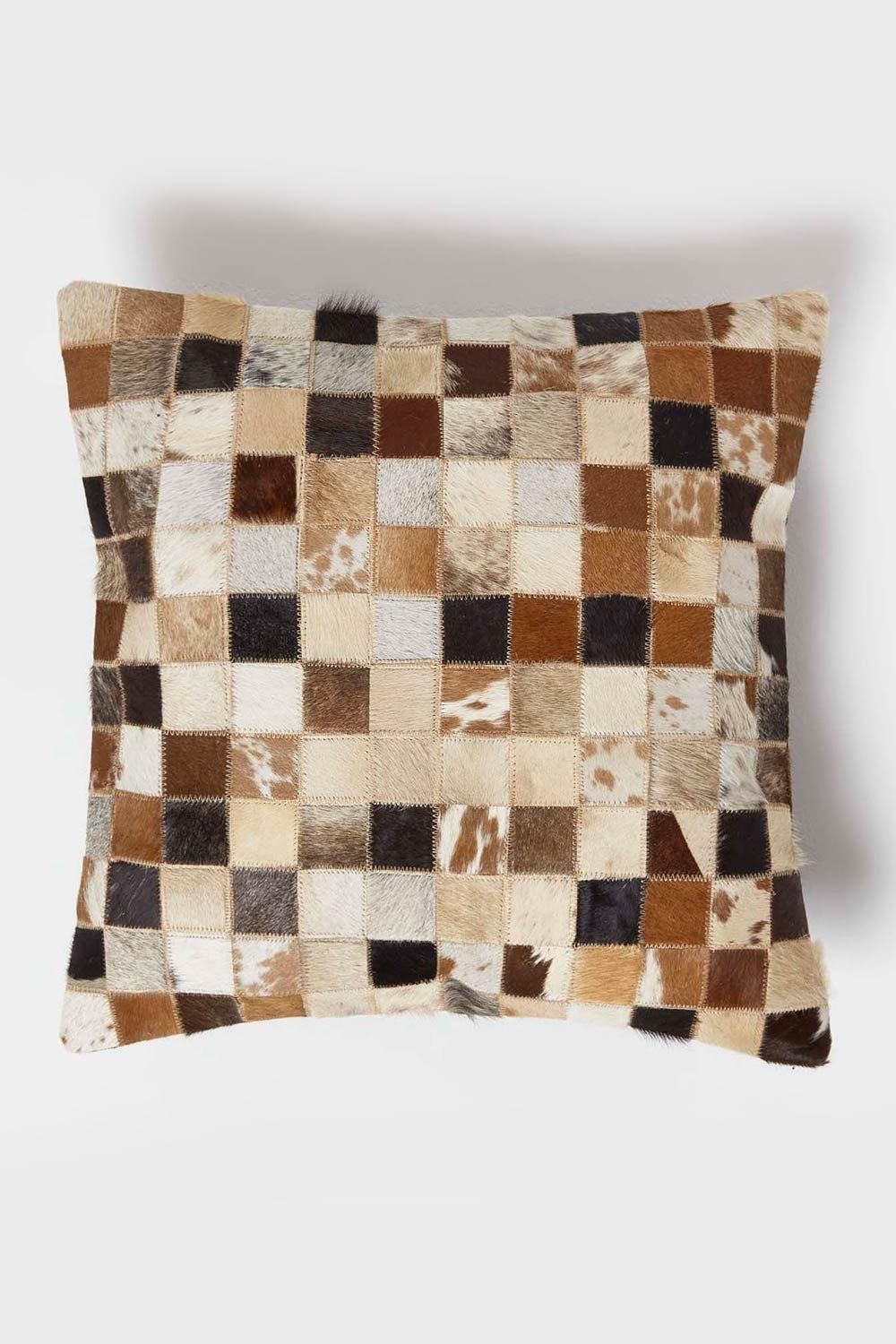 Homescapes Small Block Leather Cushion 45 x 45 cm in Brown
