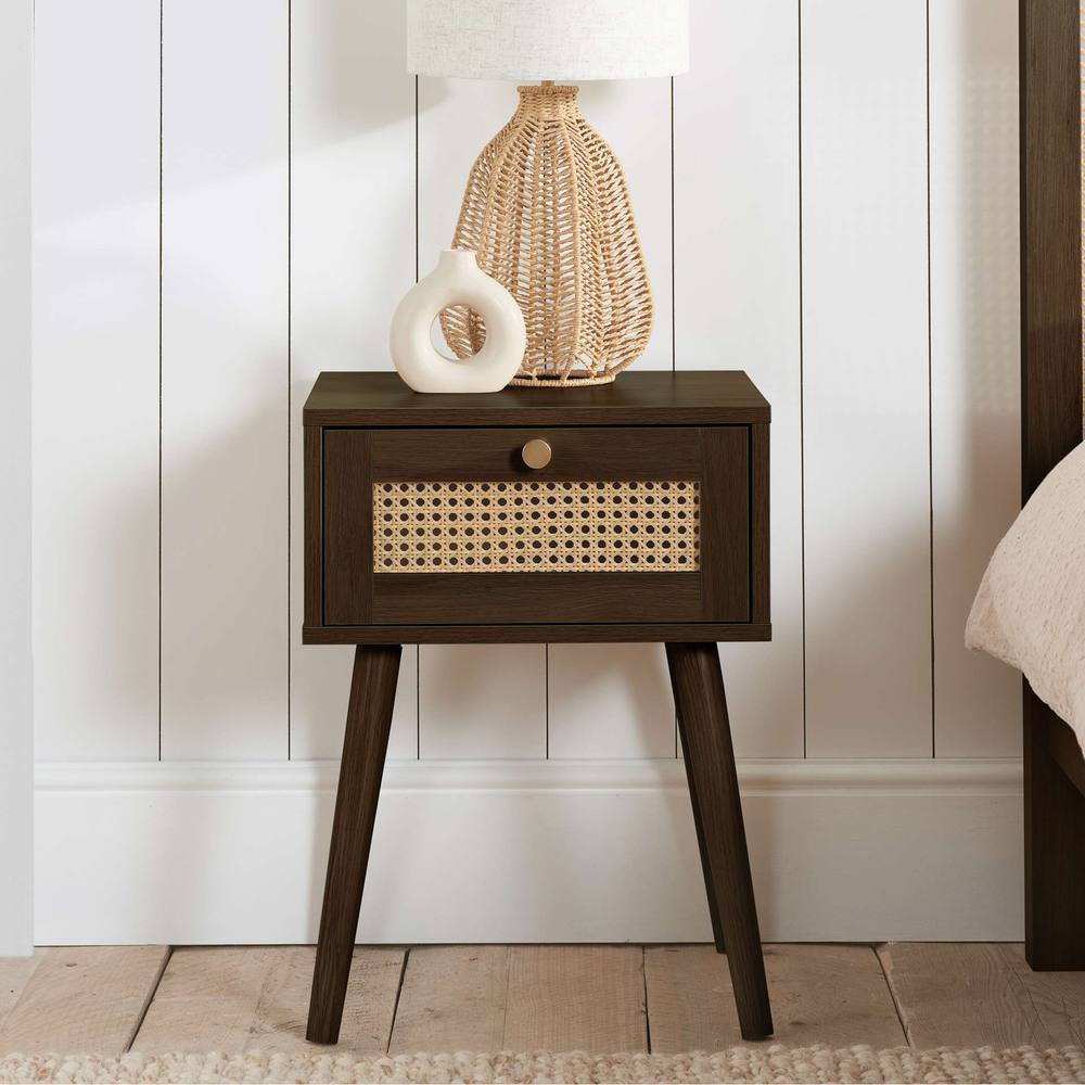 Birlea Bedside 1 Drawer Cabinet Walnut Rattan Croxley Side Table