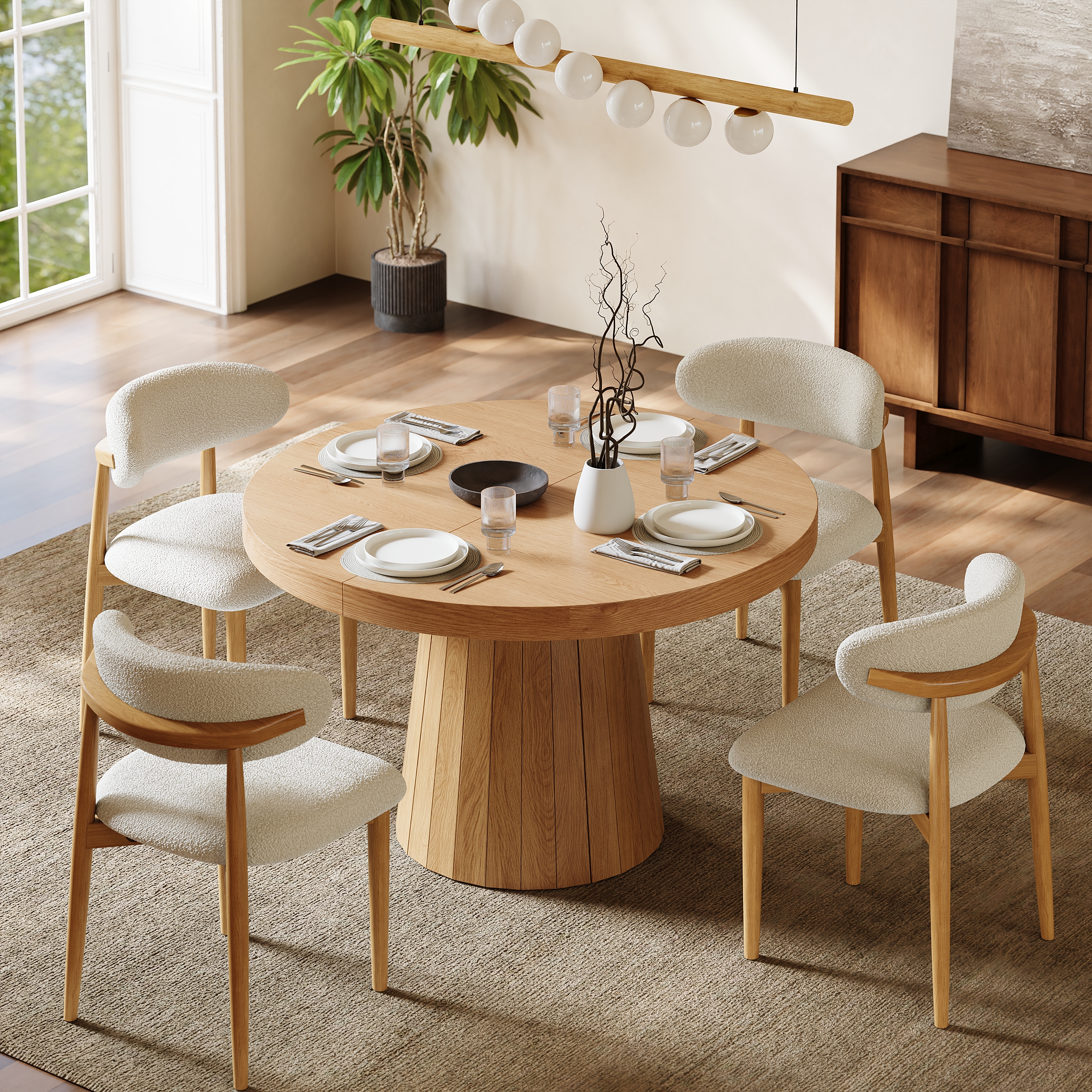 Dining Set 39"-55" Japandi Extendable Dining Table Natural with 4 Chairs