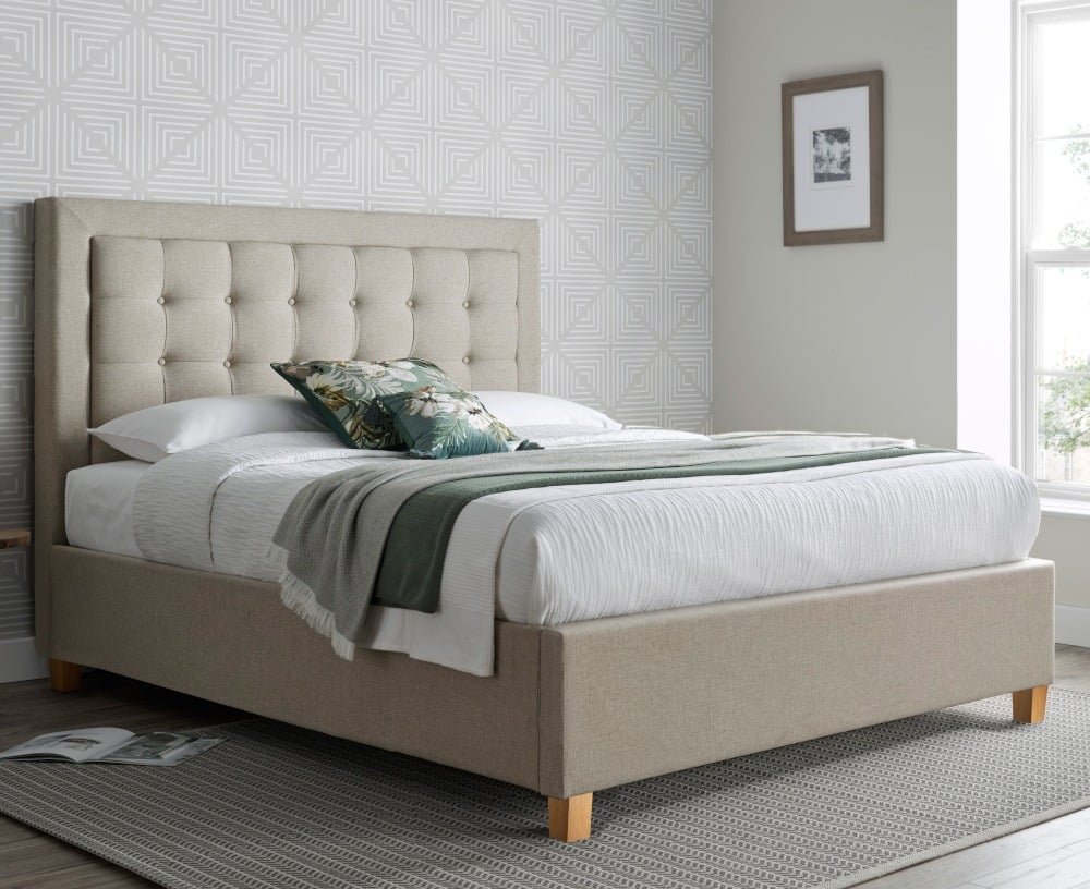 Brandon - Double Bed - Ottoman Storage - Neutral Oatmeal - Fabric - 4ft6 - Happy Beds