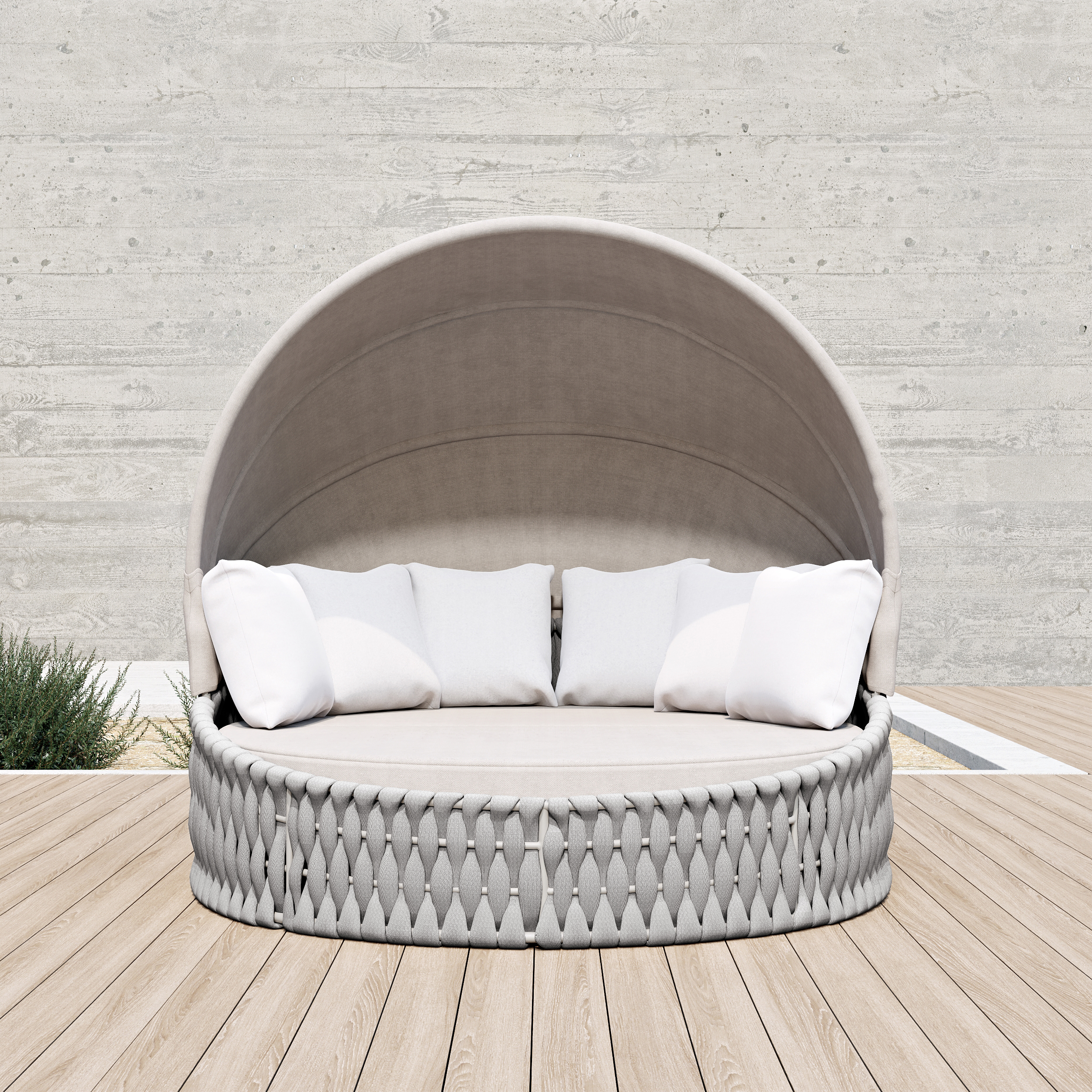 Cocaro Round garden Polyrattan sun island with roof and weatherproof cover in light grey