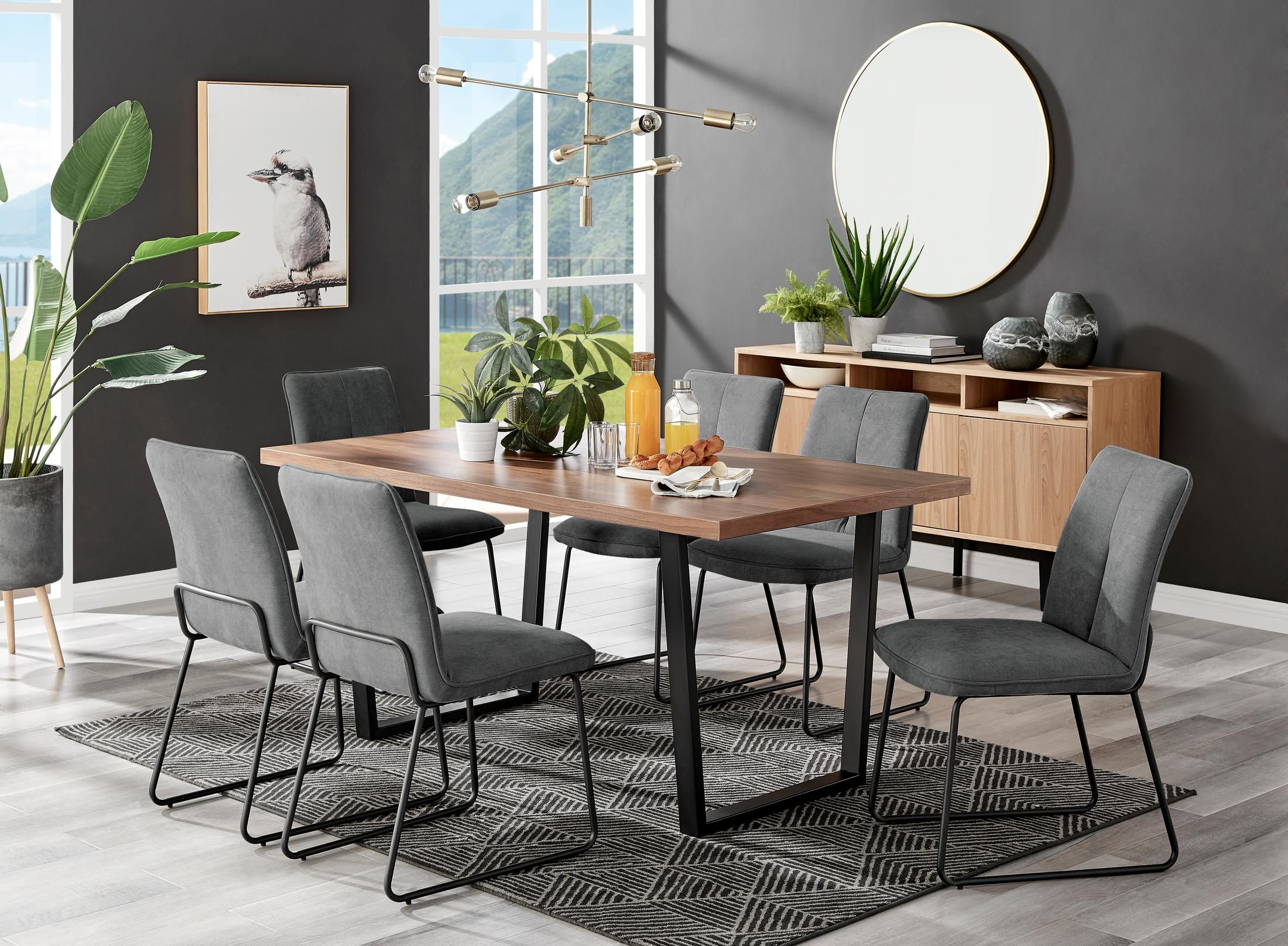 FurnitureboxUK Kylo Large Brown Wood Effect Dining Table & 6 Cream Halleyy Fabric Chairs in Dark Grey