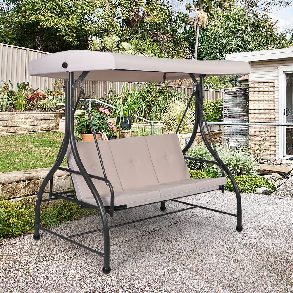 Costway Garden Patio Swing Chair 3 Seater Hammock Bench Convertible Canopy Cushion Seats in Beige