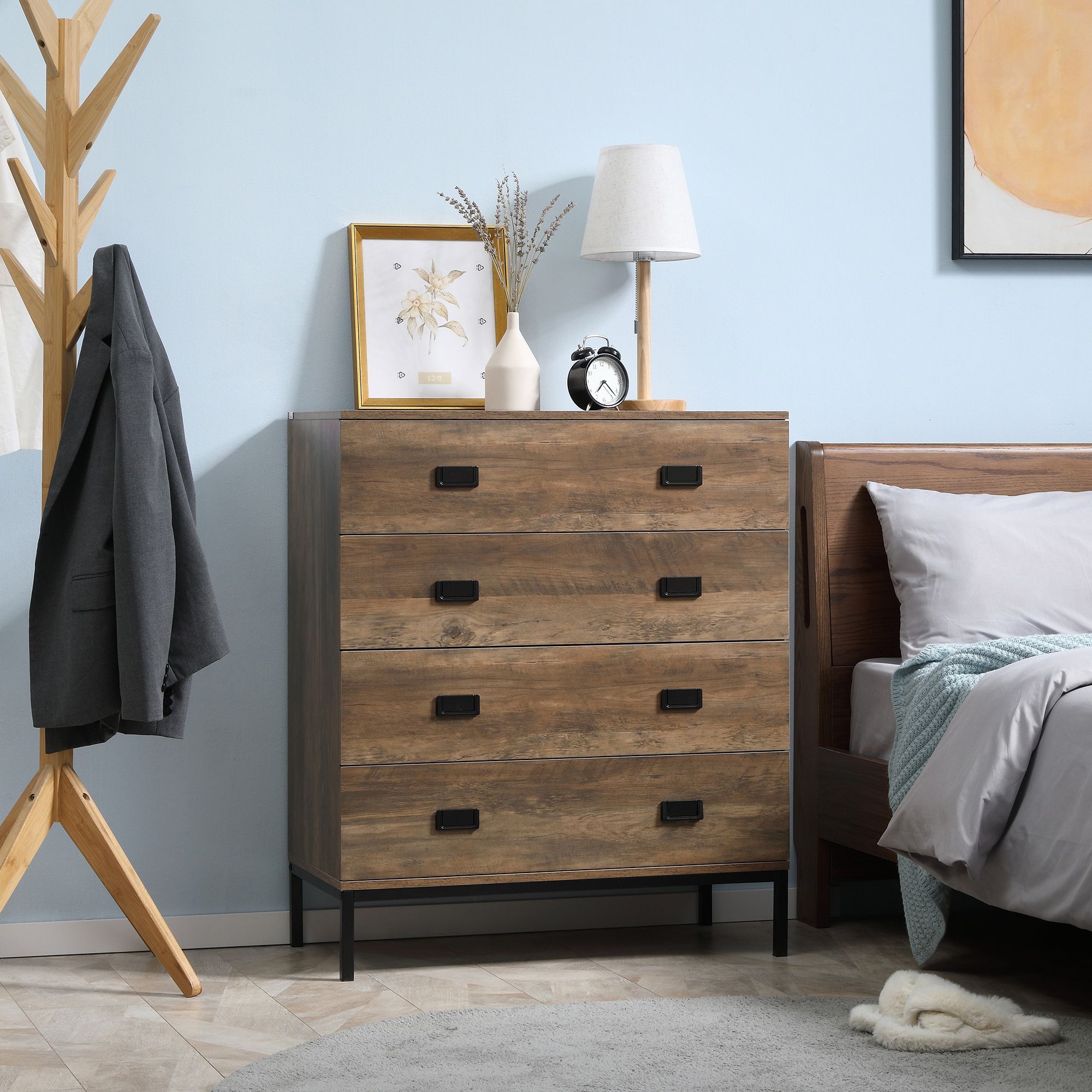 HOMCOM Chest of Drawers 4 Drawer Dresser Storage Cabinet Handles Bedroom in Brown