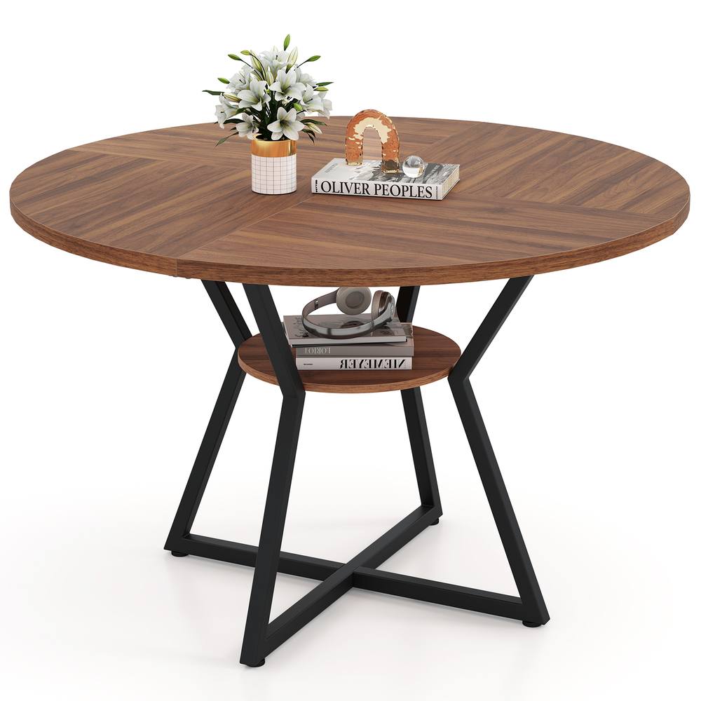 Costway Round Wooden Kitchen Table Dining Table w/ Storage Shlef in Brown