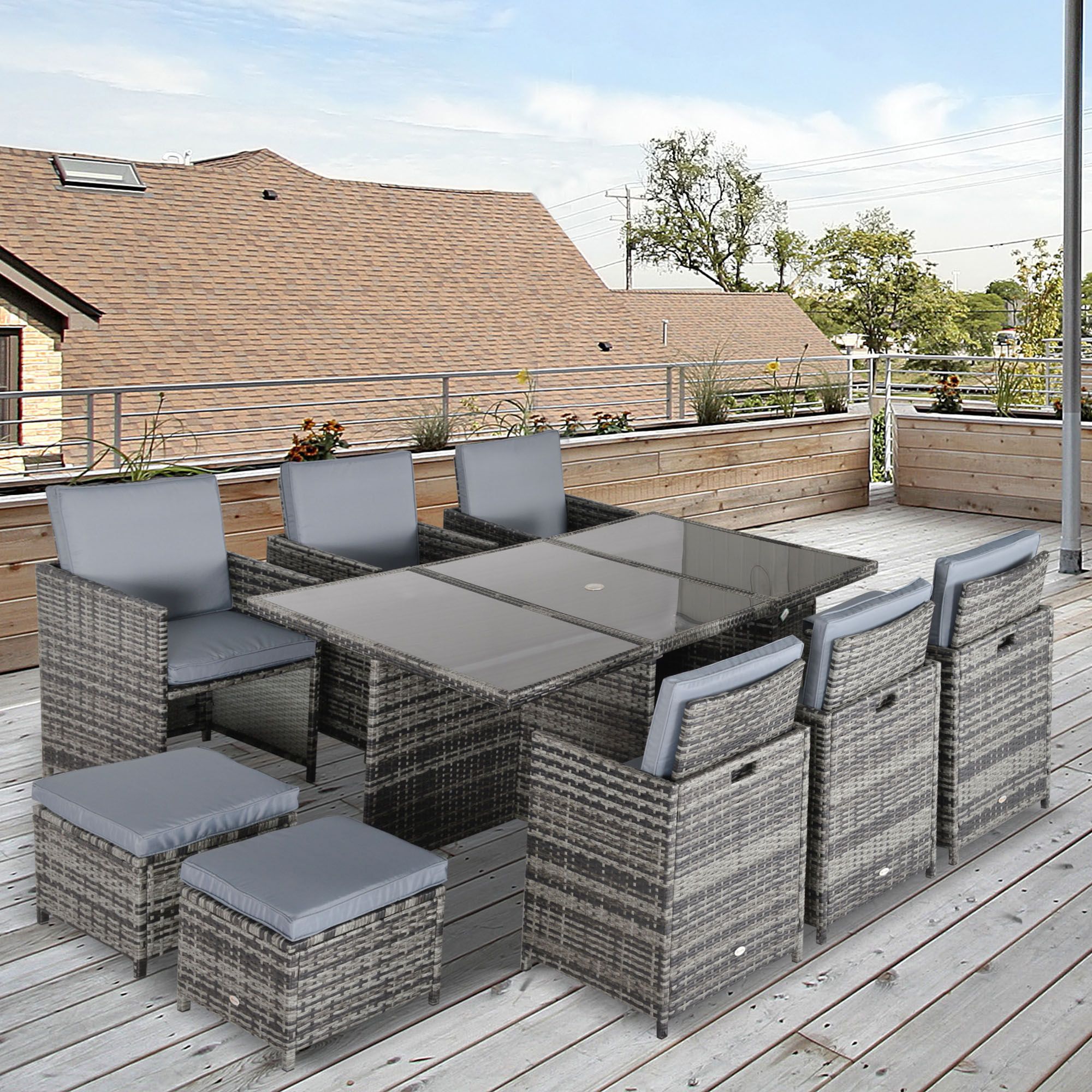 OUTSUNNY 11PC Garden Rattan Dining Set Cushion Patio Table Chair Conservatory in Grey