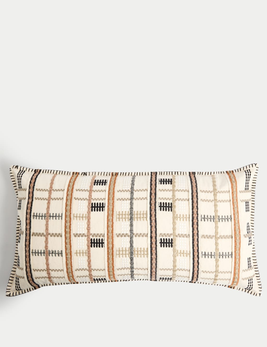 M&S Pure Cotton Grid Embroidered Bolster Cushion Neutral