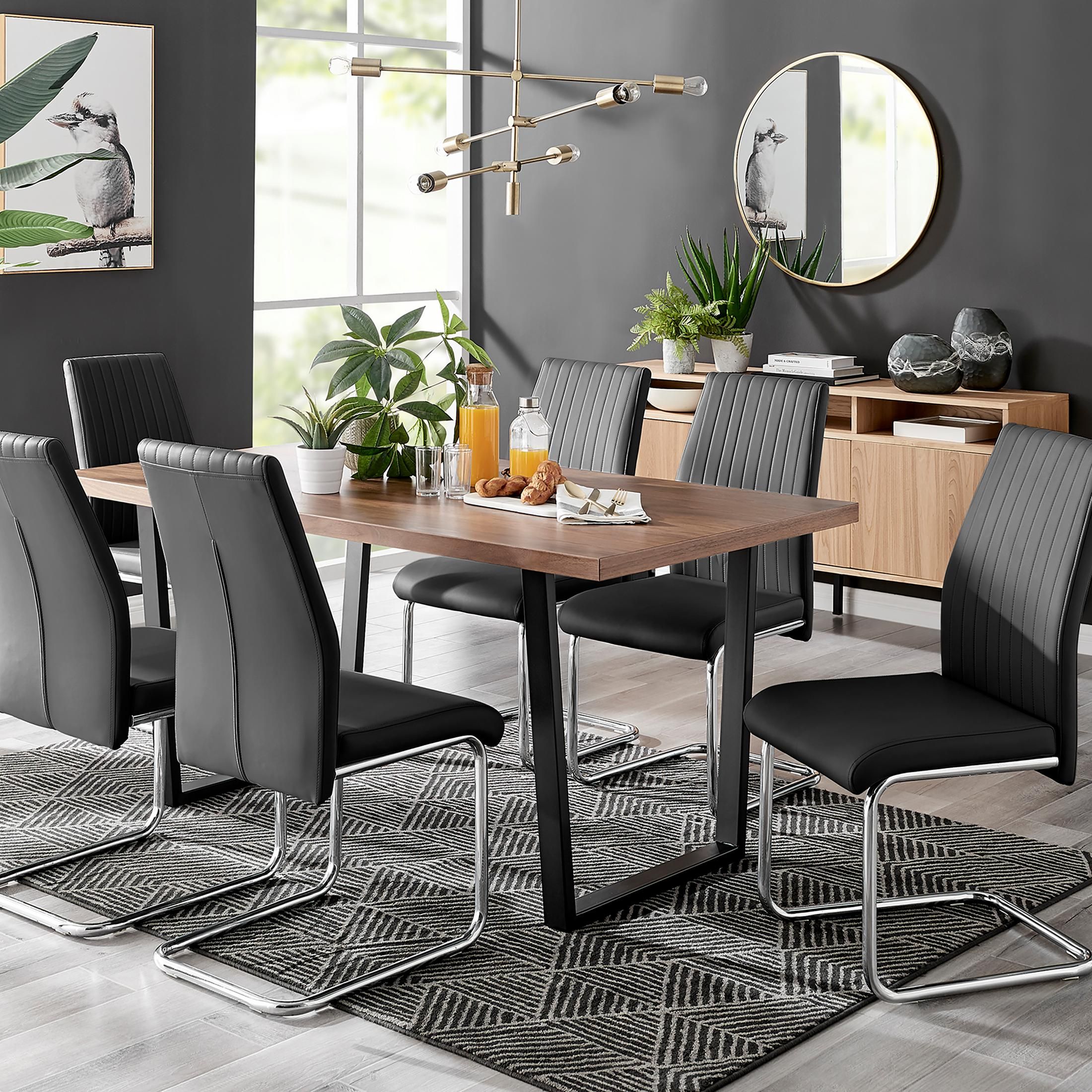 FurnitureboxUK Kylo Large Brown Wood Effect Dining Table & 6 Lorenzo Faux Leather Chairs in Black