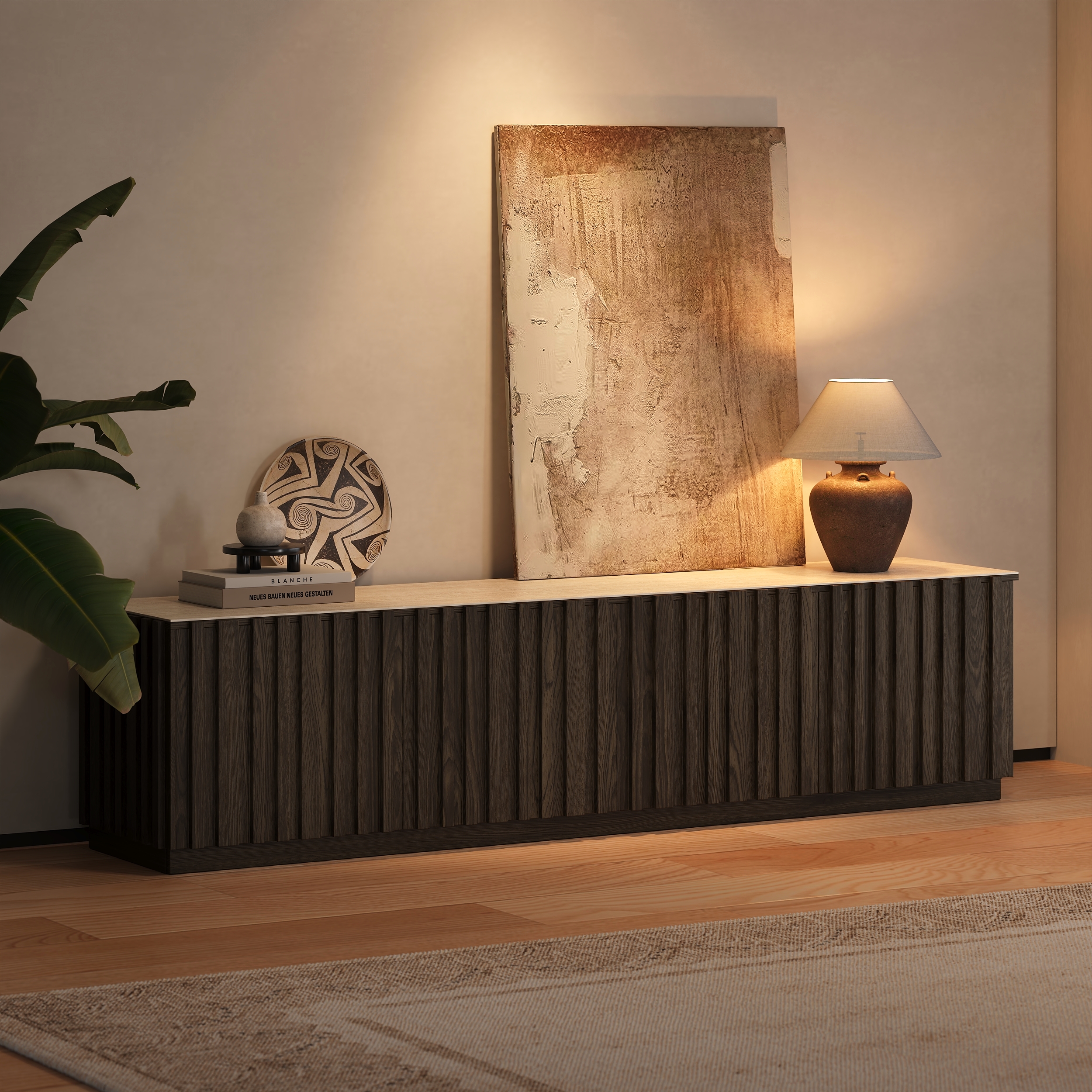Aura 210 cm Ash Wood Fluted Smoked Brown TV Stand with Sintered Stone Top