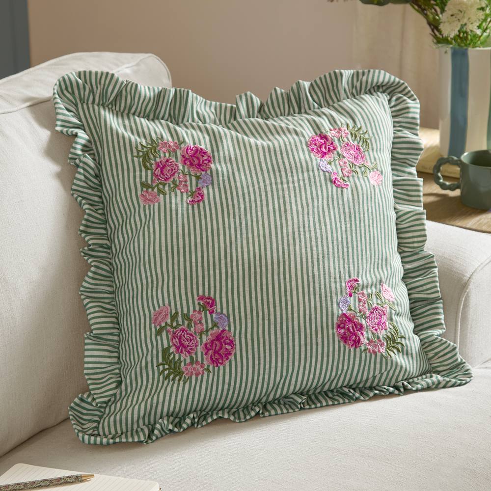 Wylder Martha Embroidered Ruffle Cushion in Pale Green