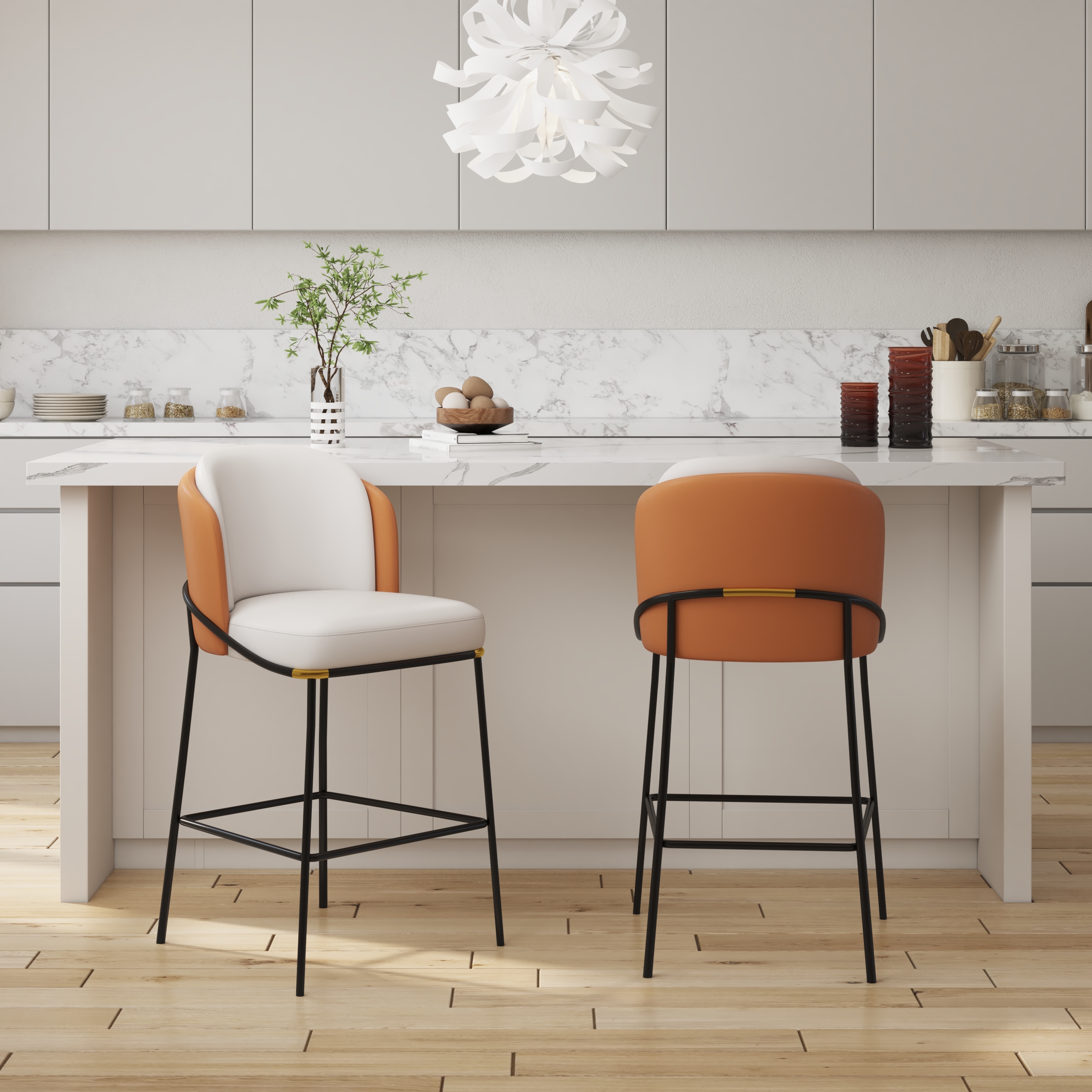 Modern PU Leather Breakfast Bar Stool Orange with Back & Footrest