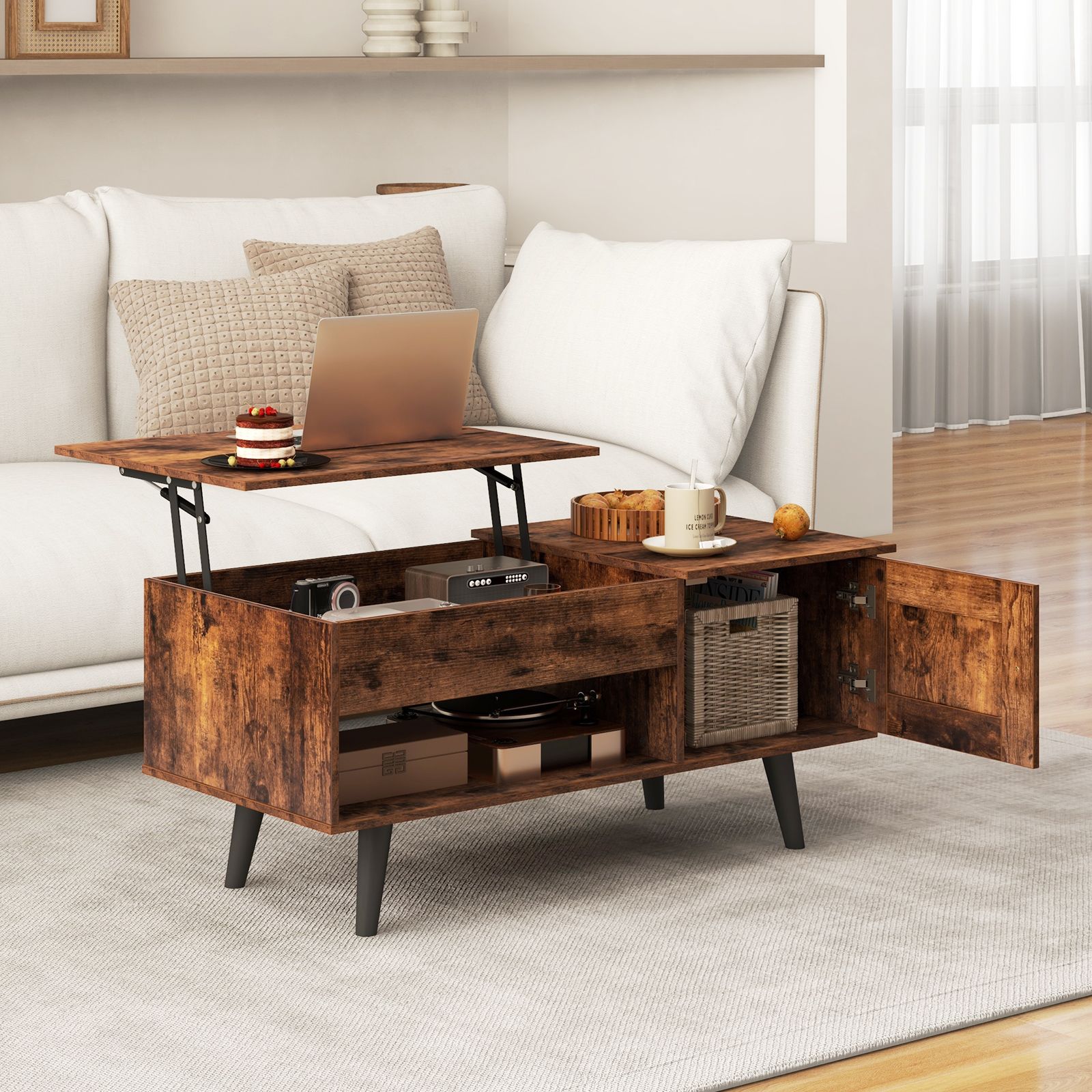 Costway Lift Top Coffee Table Pull up Coffee Table w/ Storage in Brown