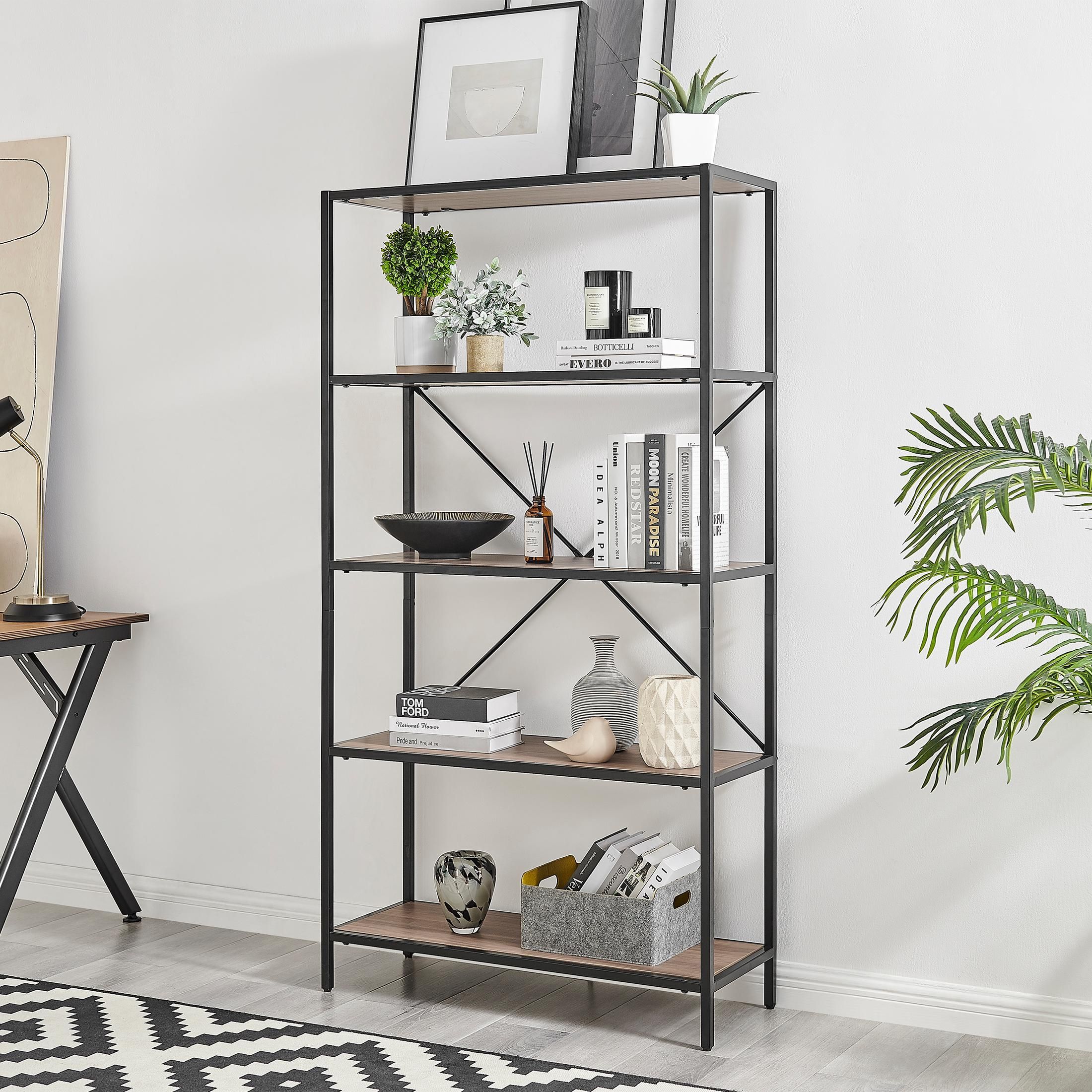 FurnitureboxUK Ashton Industrial Black Metal Box Shelf Unit With 5 Scratch Resistant Melamine Coated Shelves Supporting 10KG Each in Brown