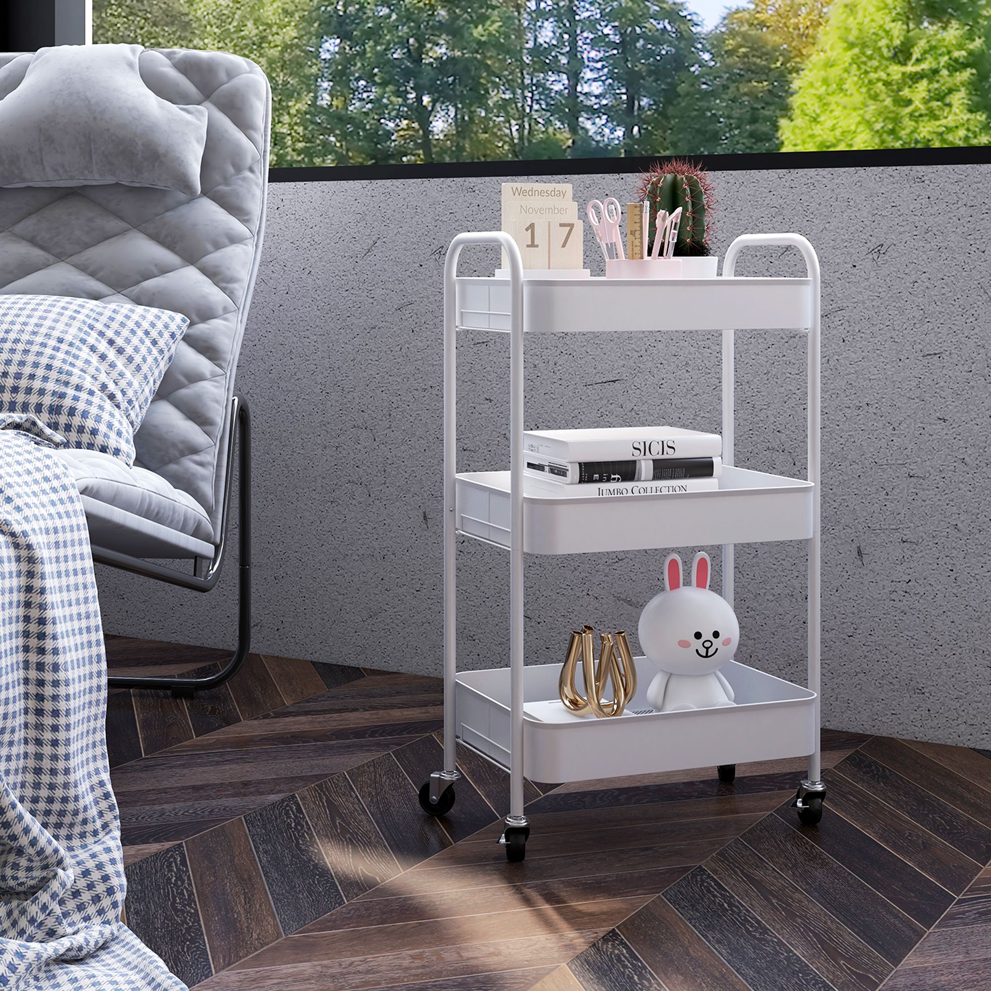 HOMCOM 3 Tier Rolling Utility Cart with 3 Mesh Basket, White