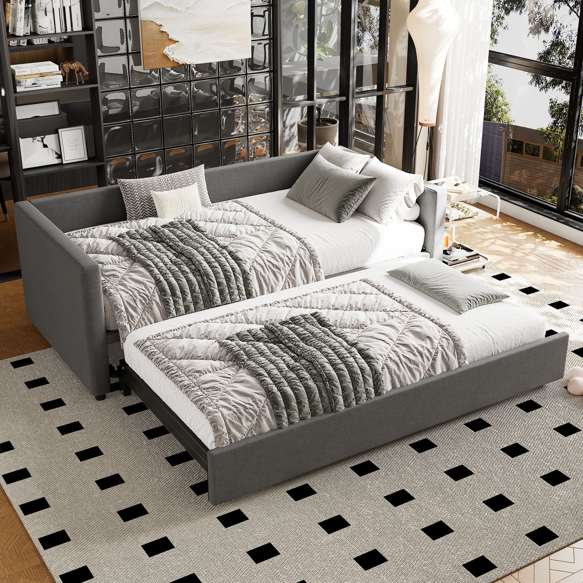 Matteo Upholstered bed, 3FT single bed bottom with bed 90x190cm, can be joined into a double bed, daybed sofa bed in Grey