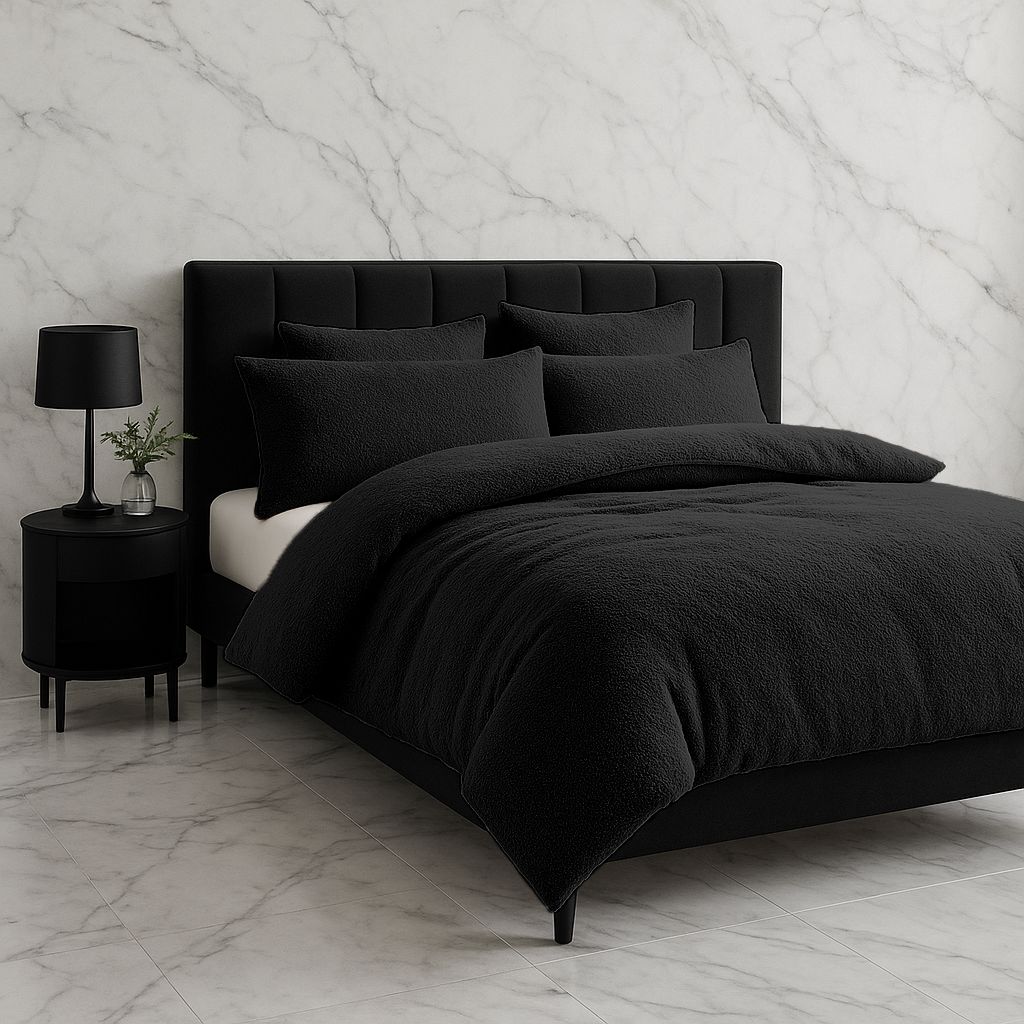 Snug City Teddy Bear Fleece Soft Cosy Duvet Cover + Pillow Case Set in Black
