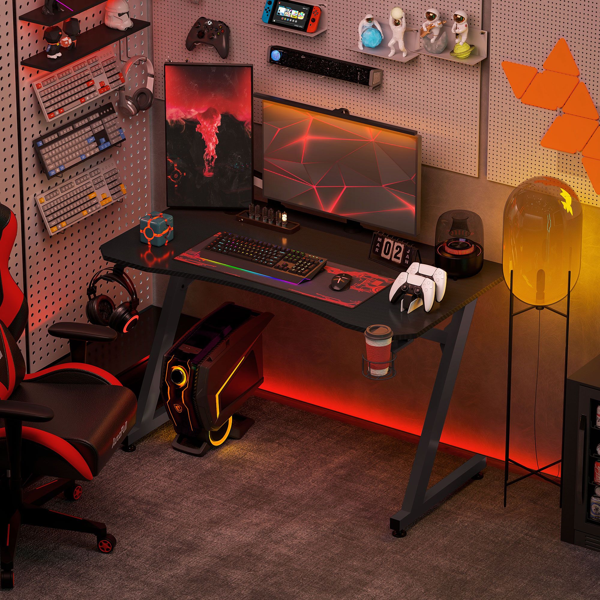 HOMCOM Gaming Desk Steel Frame Cup Headphone Holder Adjustable Feet in Black