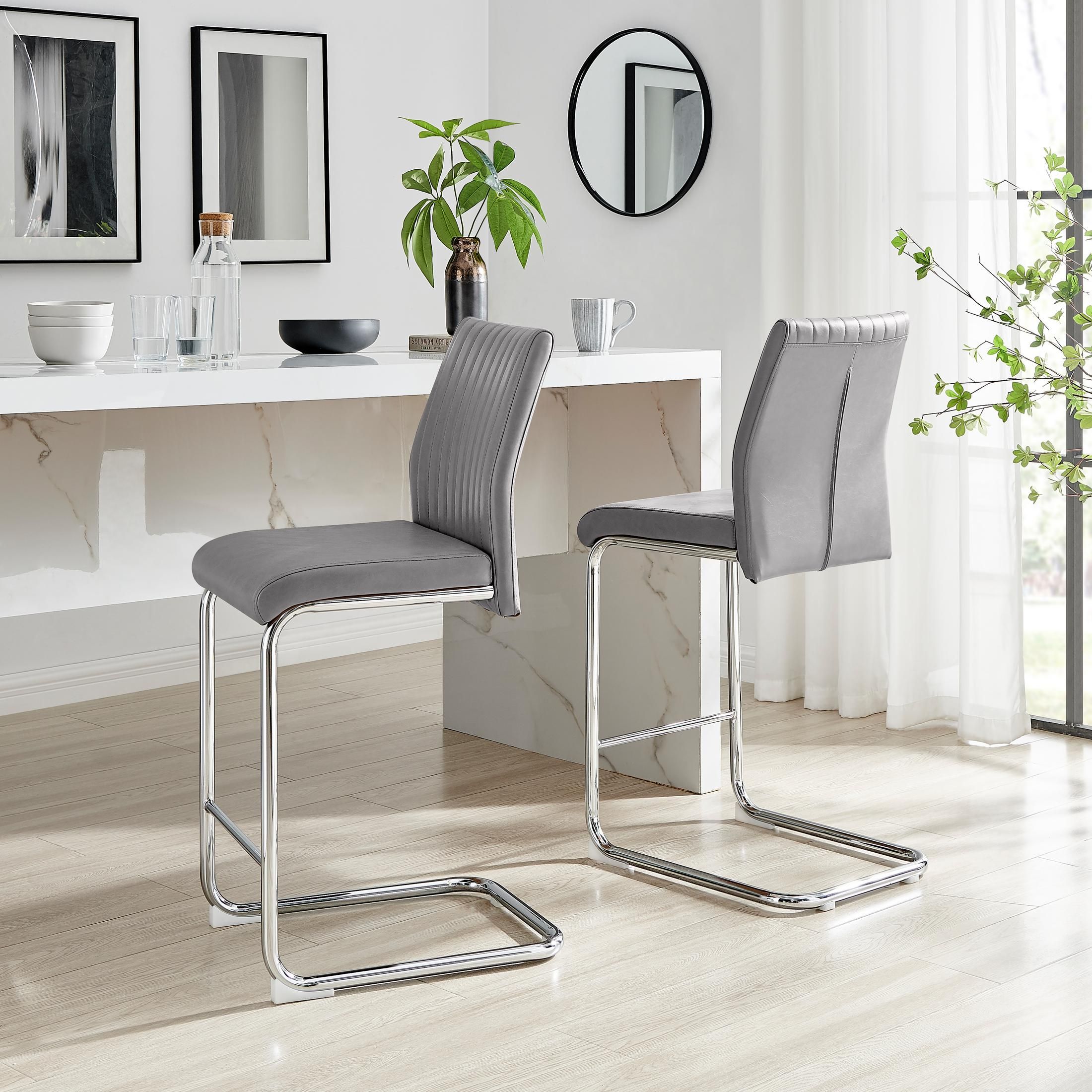 FurnitureboxUK Lorenzo 2x Faux Leather & Silver Counter Stools in Grey