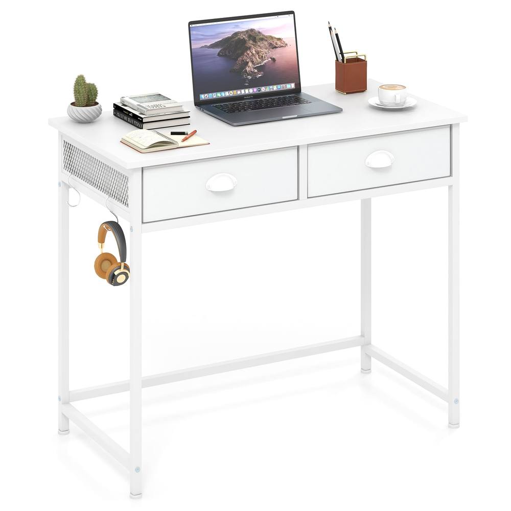Costway Computer Desk Space Saving Home Office Desk w/2 Fabric Drawers-White in White