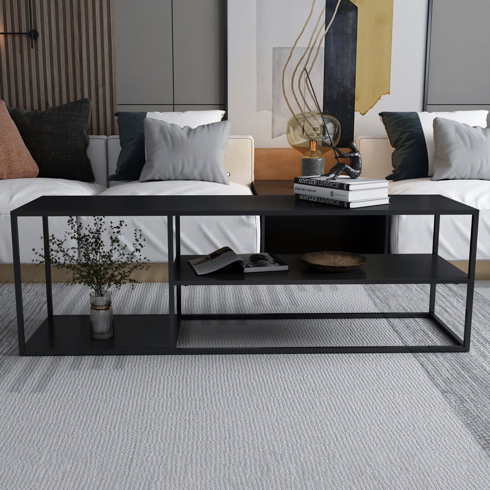Long Black Coffee Table Shelving Unit Black