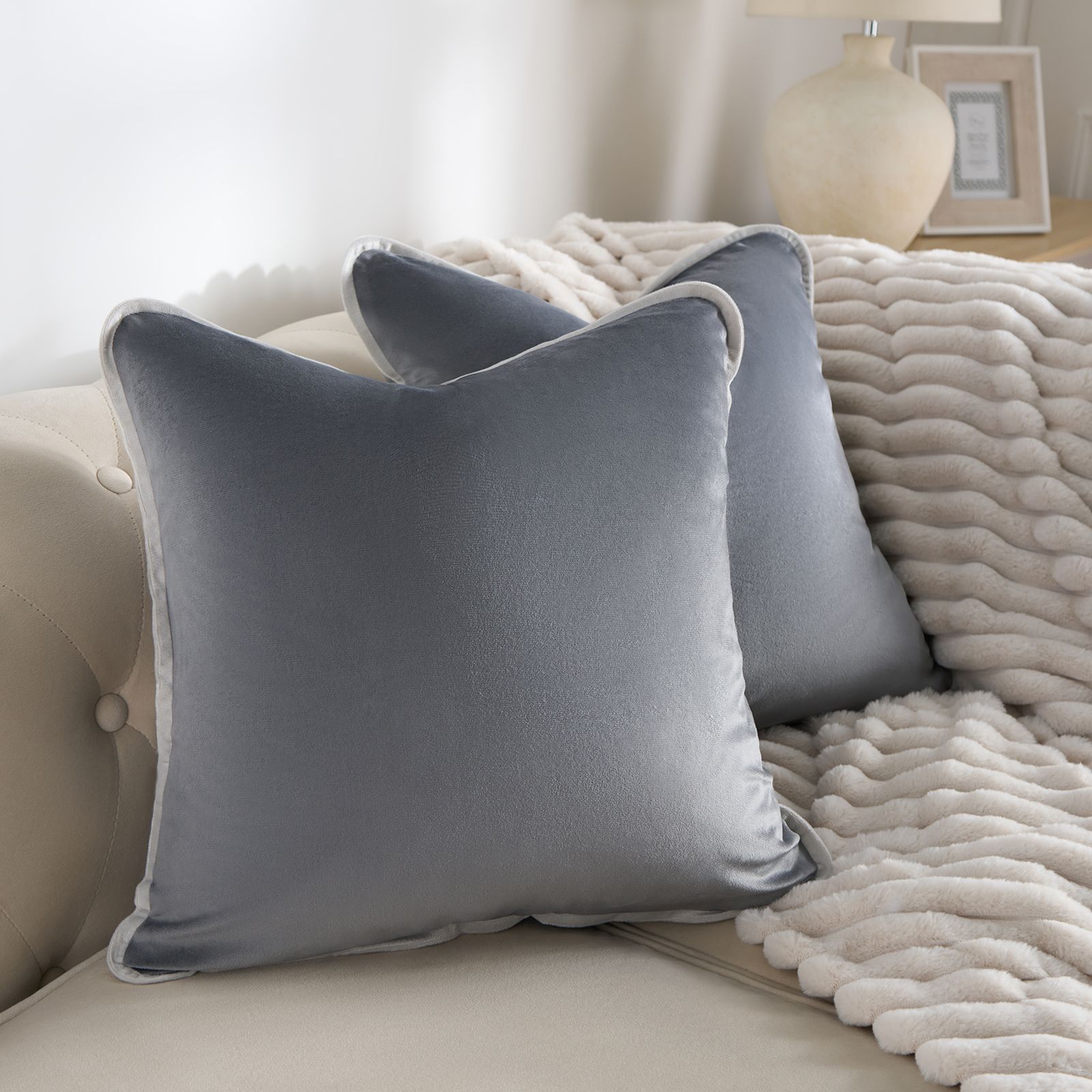 OHS 2 x Piped Edge Matte Velvet Cushion Covers Square Pillowcases in Charcoal