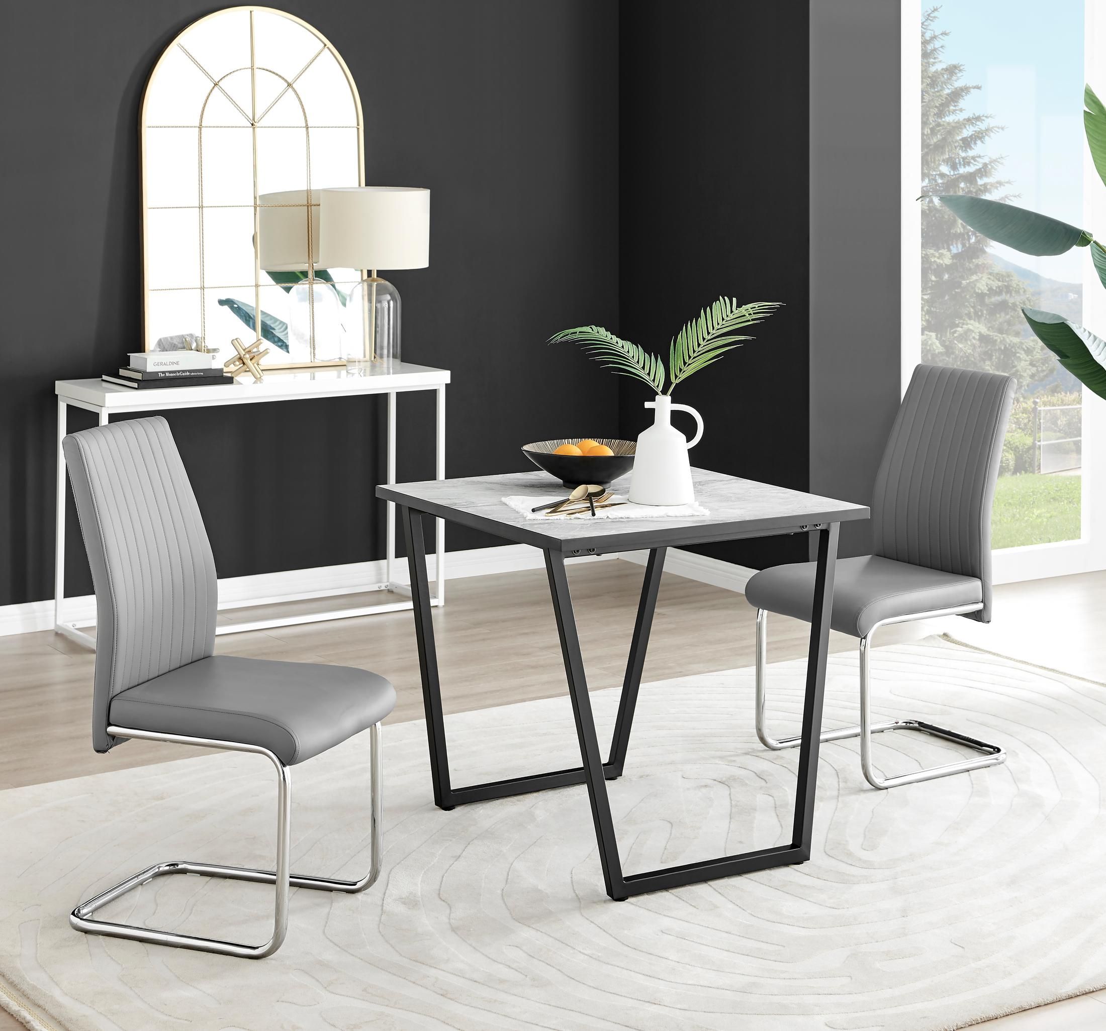 FurnitureboxUK Carson White Marble Effect Square Dining Table & 2 Faux Leather Lorenzo Chairs in Grey
