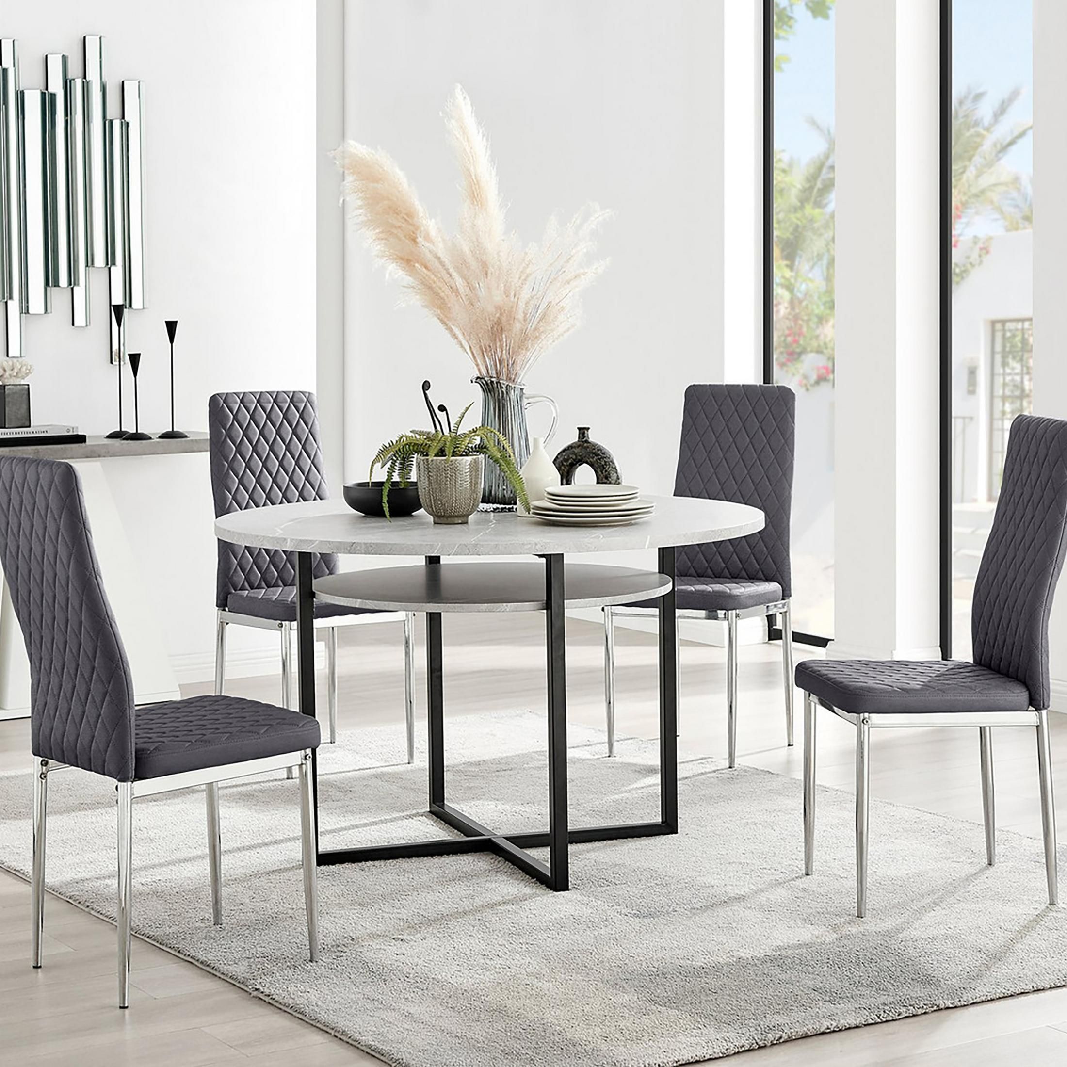 FurnitureboxUK Adley Grey Concrete Effect Round Dining Table & 4 Velvet Milan Chairs