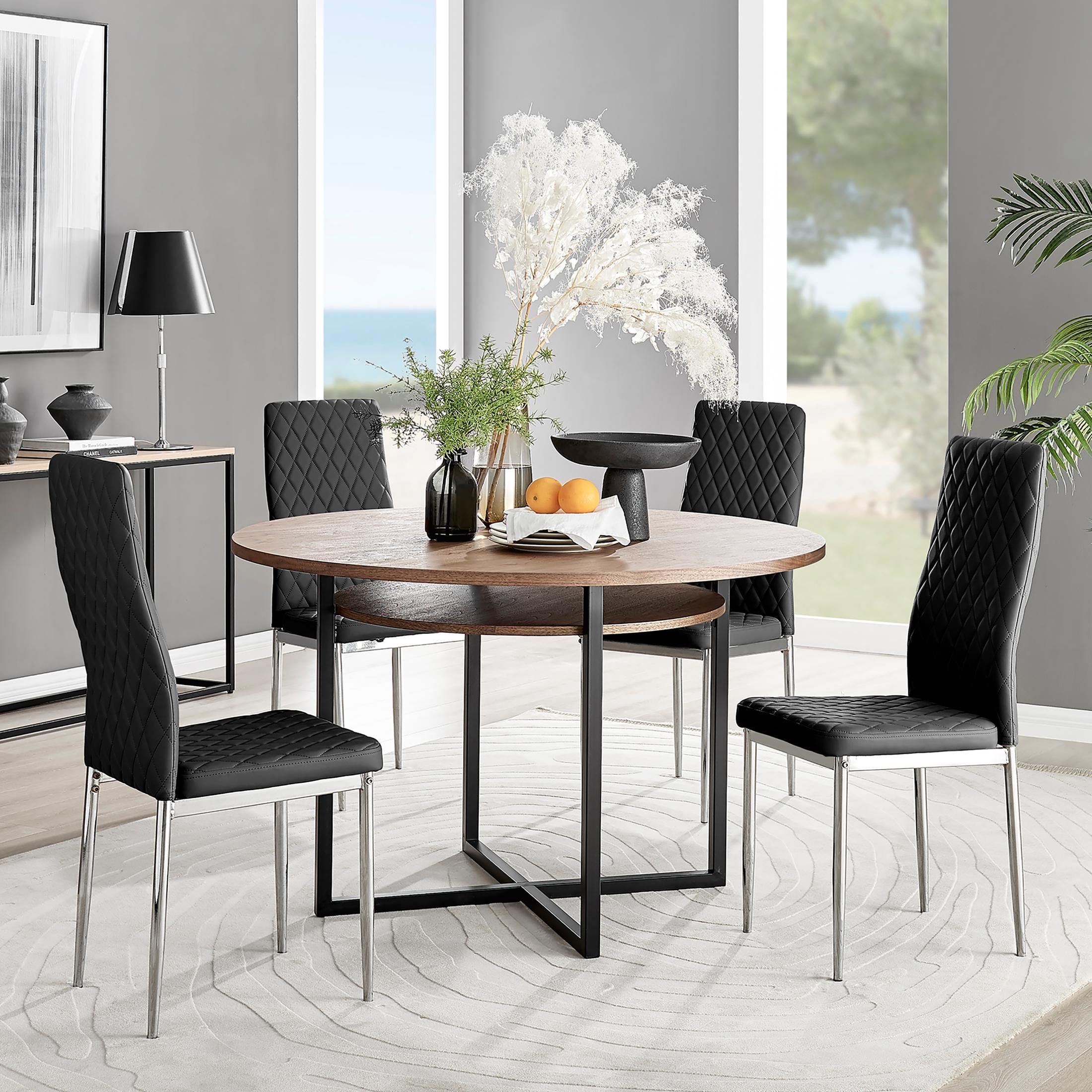 FurnitureboxUK Adley Brown Wood Storage Dining Table & 4 Milan Chrome Leg Chairs in Black