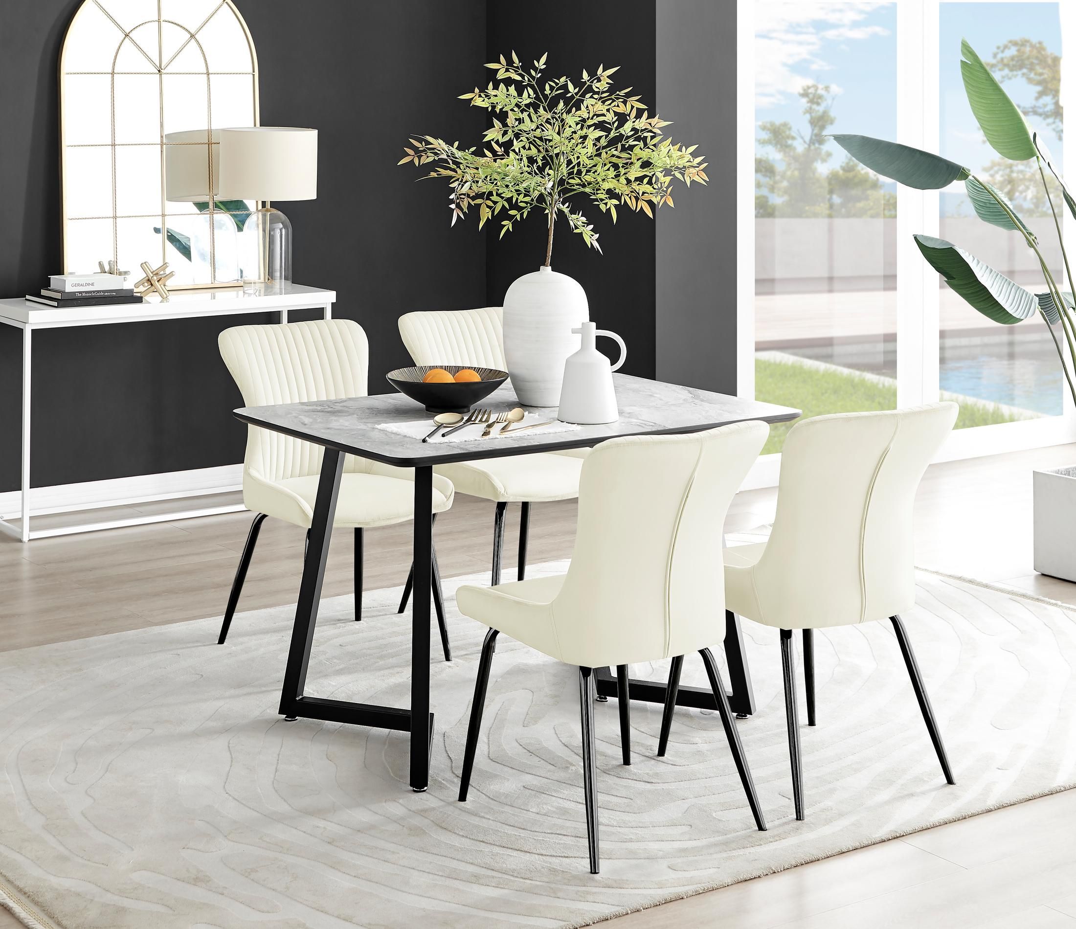 FurnitureboxUK Carson White Marble Effect Dining Table & 4 Nora Black Leg Chairs in Cream