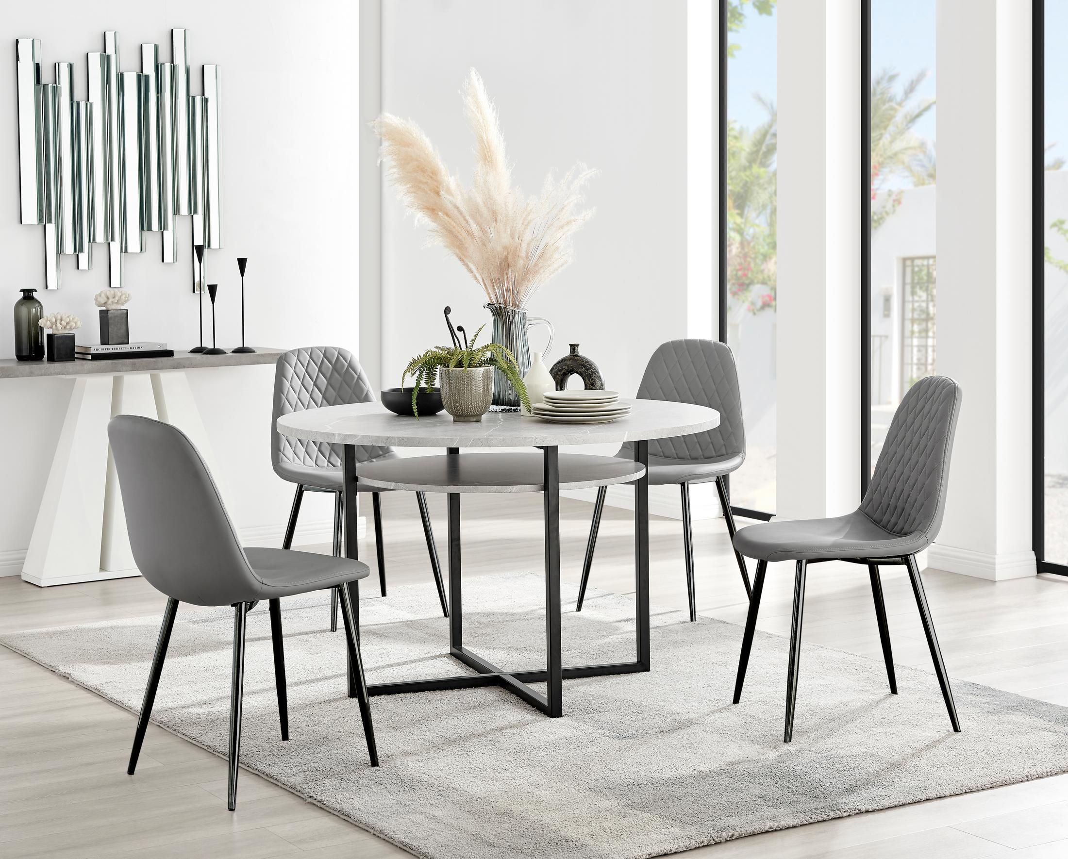 FurnitureboxUK Adley Grey Concrete Effect & Black Round Dining Table with Shelf & 4 Faux Leather Corona Dining Chairs