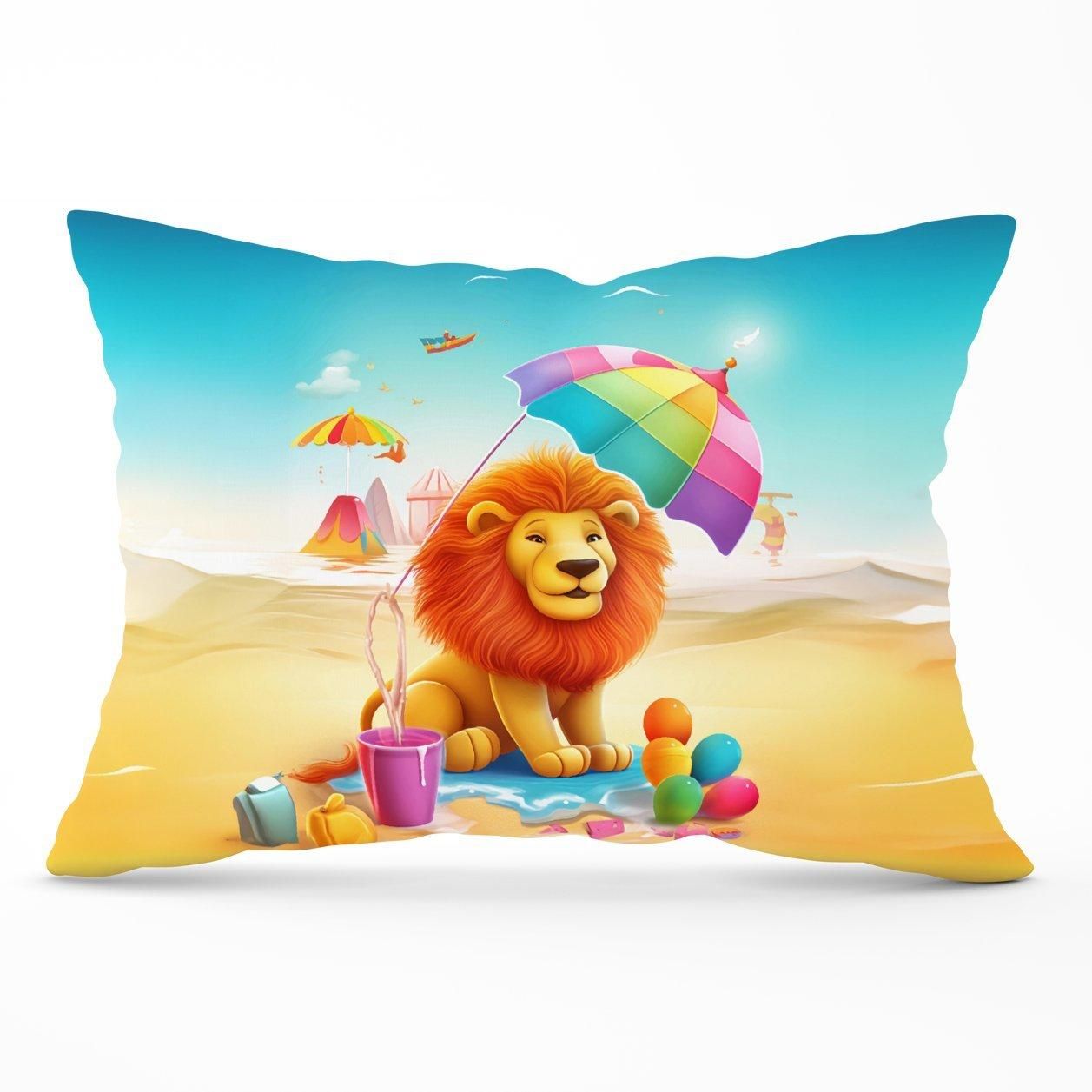Warren Reed - Designer Lion On A Beach Holiday Cushions in Yellow