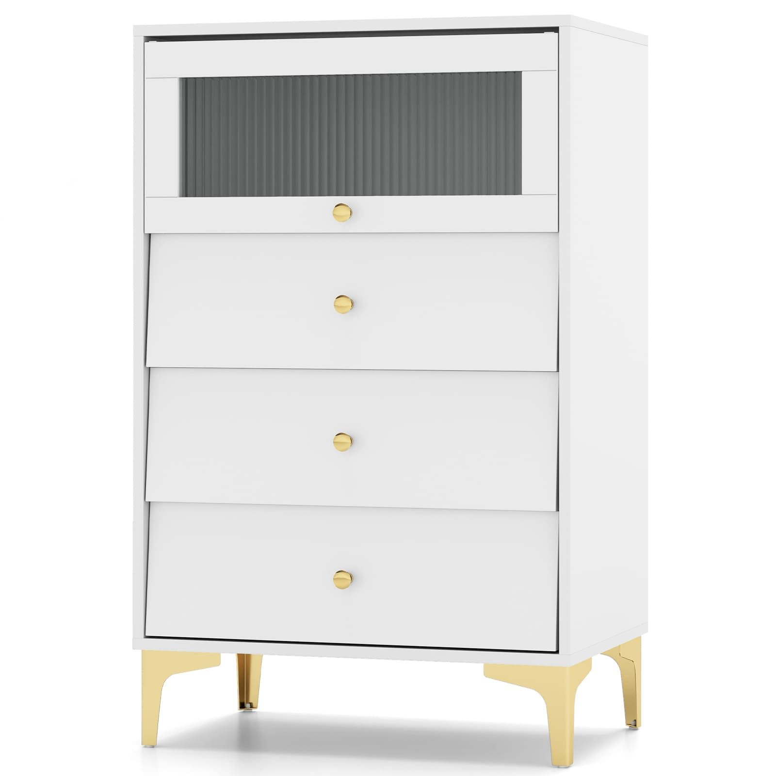 Costway 3 Drawer Dresser Modern Storage Cabinet w/ Flip Up Fluted Glass Door in Grey
