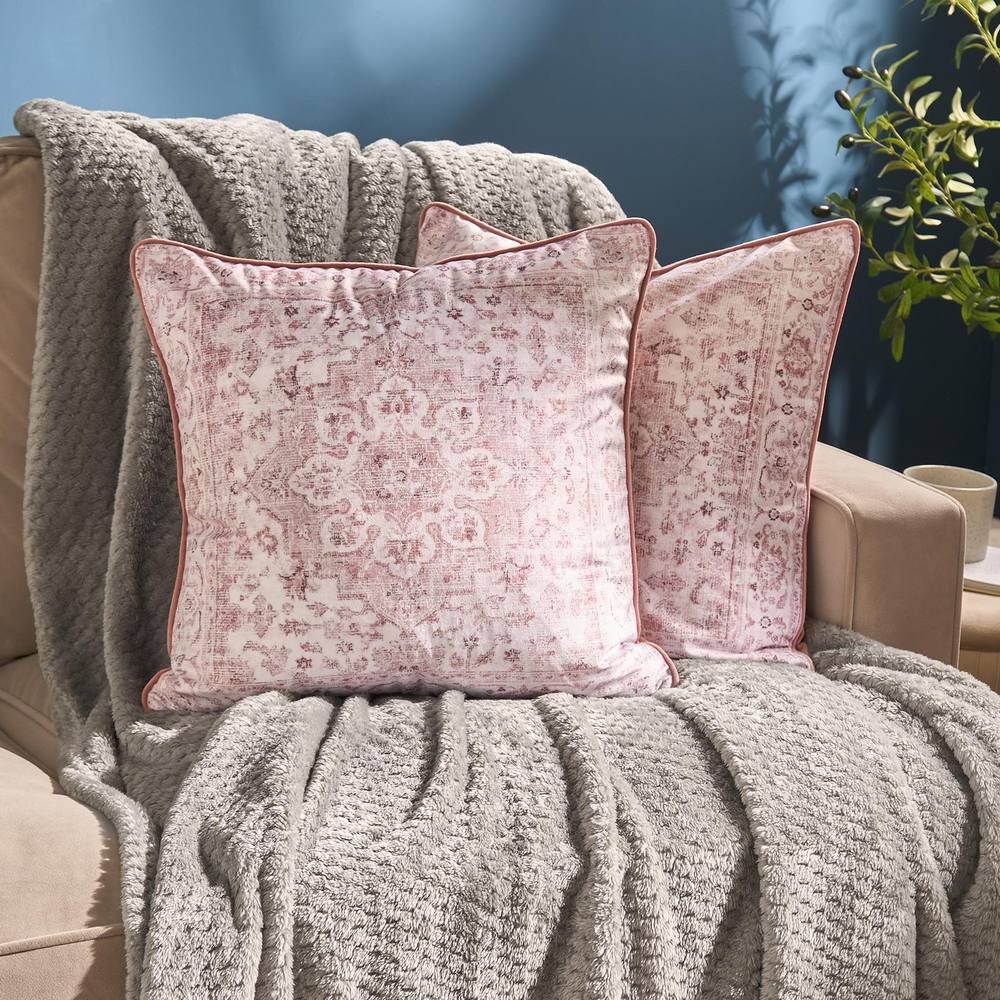 OHS 2 x Vintage Print Matte Velvet Cushion Covers Home Décor in Light Pink